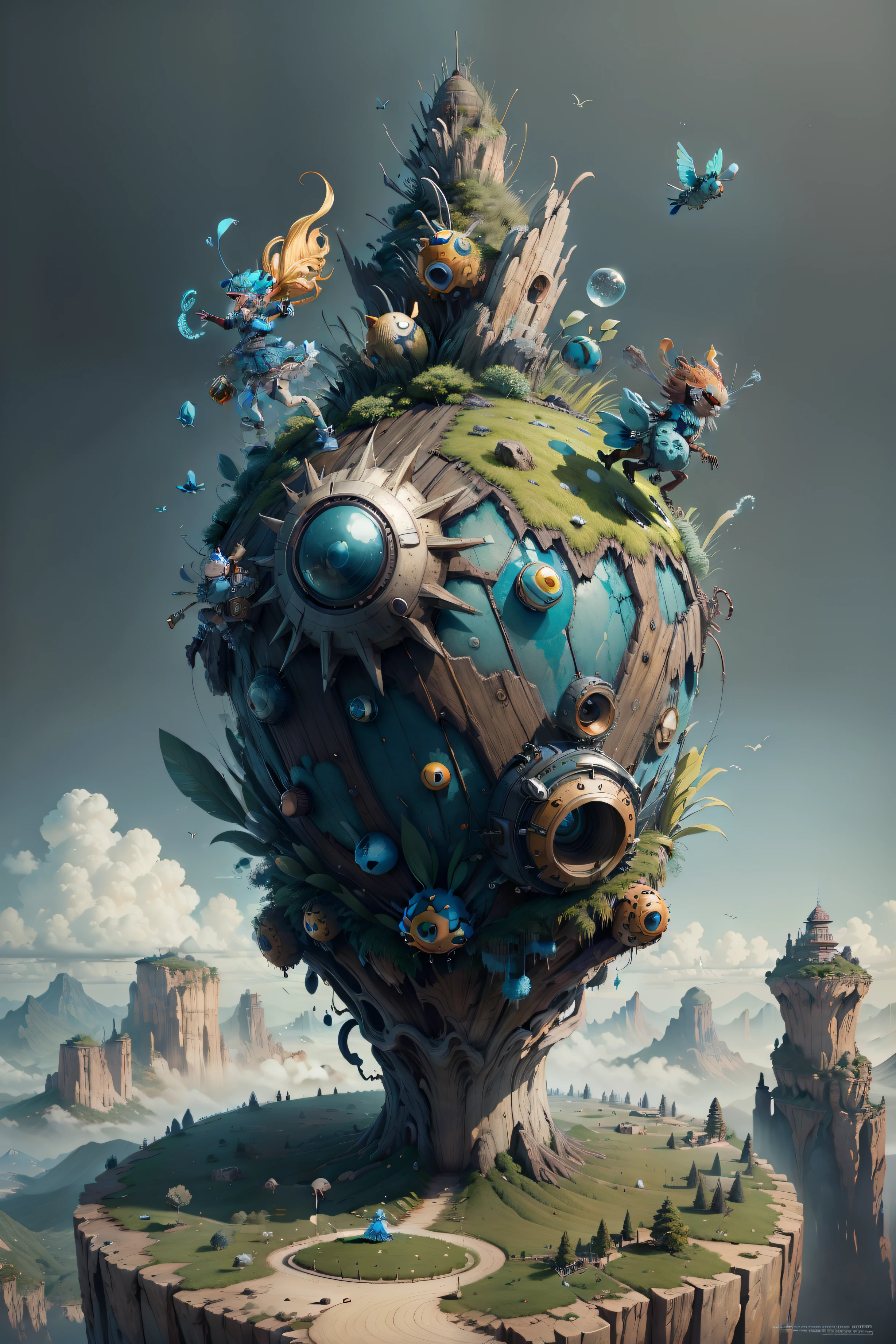 Character design, flying+ leaping+cursorial+wierd + flaky + Funny + whimsical + light blue + whimsical + uncommon + divergent + Irregular + unorthodox, Photorealistic detailed costumes, Bannycore, les automatistes, The Tone of the Earth, Rustic kor, desertpunk, Minolta Riva Mini, Pure and crunchy steampunk ink, Isolated landscapes, Nabis, Soggy, inspired, Rough clusters, Cartoon character design, Neutral color palette,