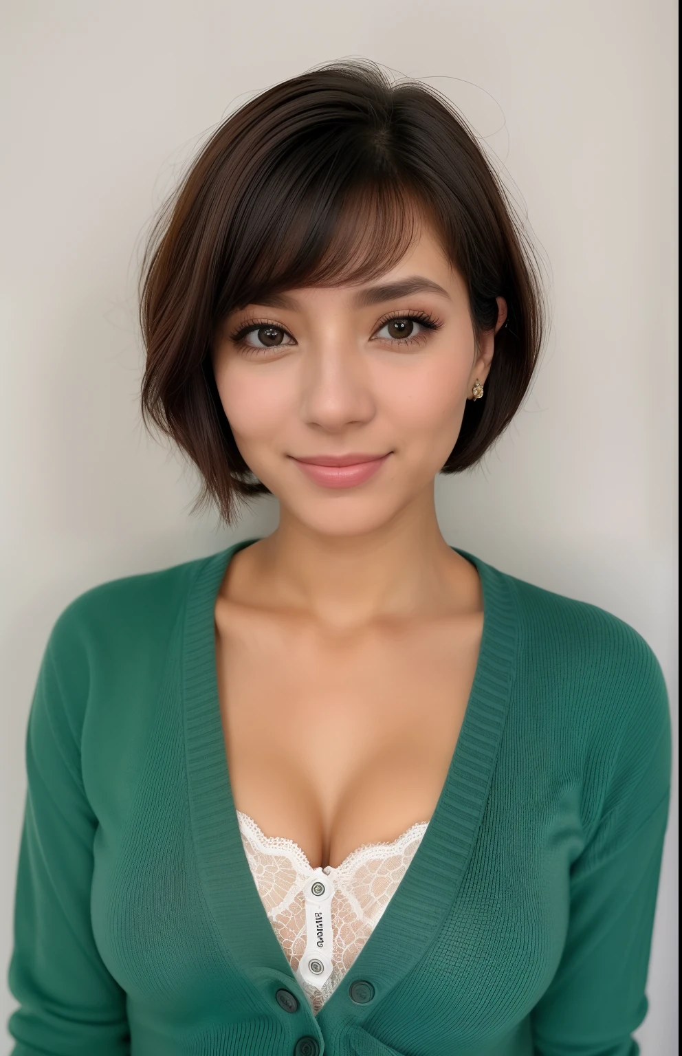 ((melhor qualidade, 8k, obra-prima: 1,3)), 1 menina, Cute with thin abdomen: 1,3, (Medium-short hair, seios grandes : 1,2), cardigan: 1,1, rosto ultra detalhado, olhos detalhados, Bare double eyelid