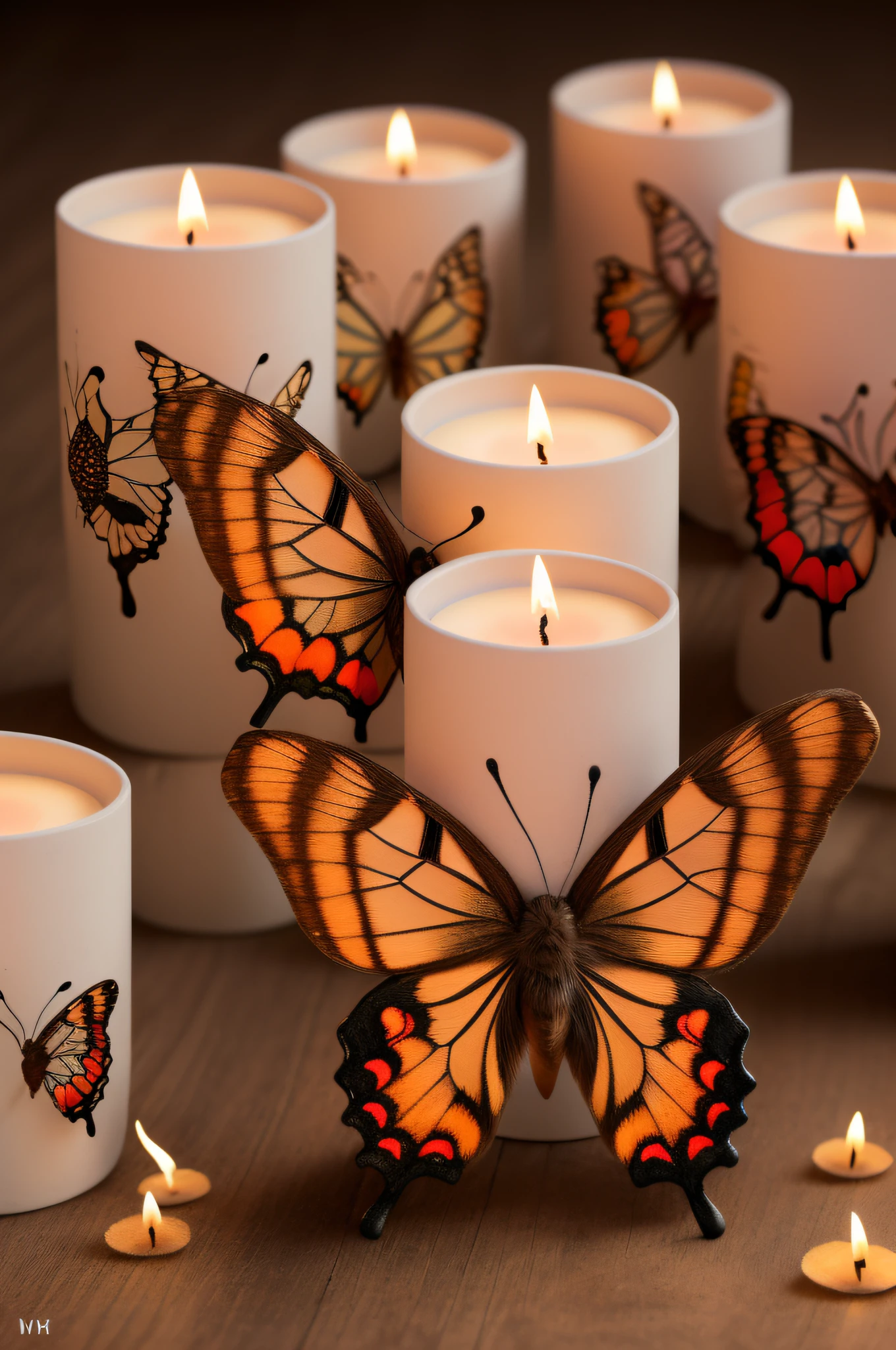 Fotorealismo, 8k, calidad ultra, cuencos de madera, cuencos pintados, cuencos detallados, ((cuencos pintados con mariposas de colores)), (velas rojas), luz, velas encendidas, fondo relajante, detailed lighting