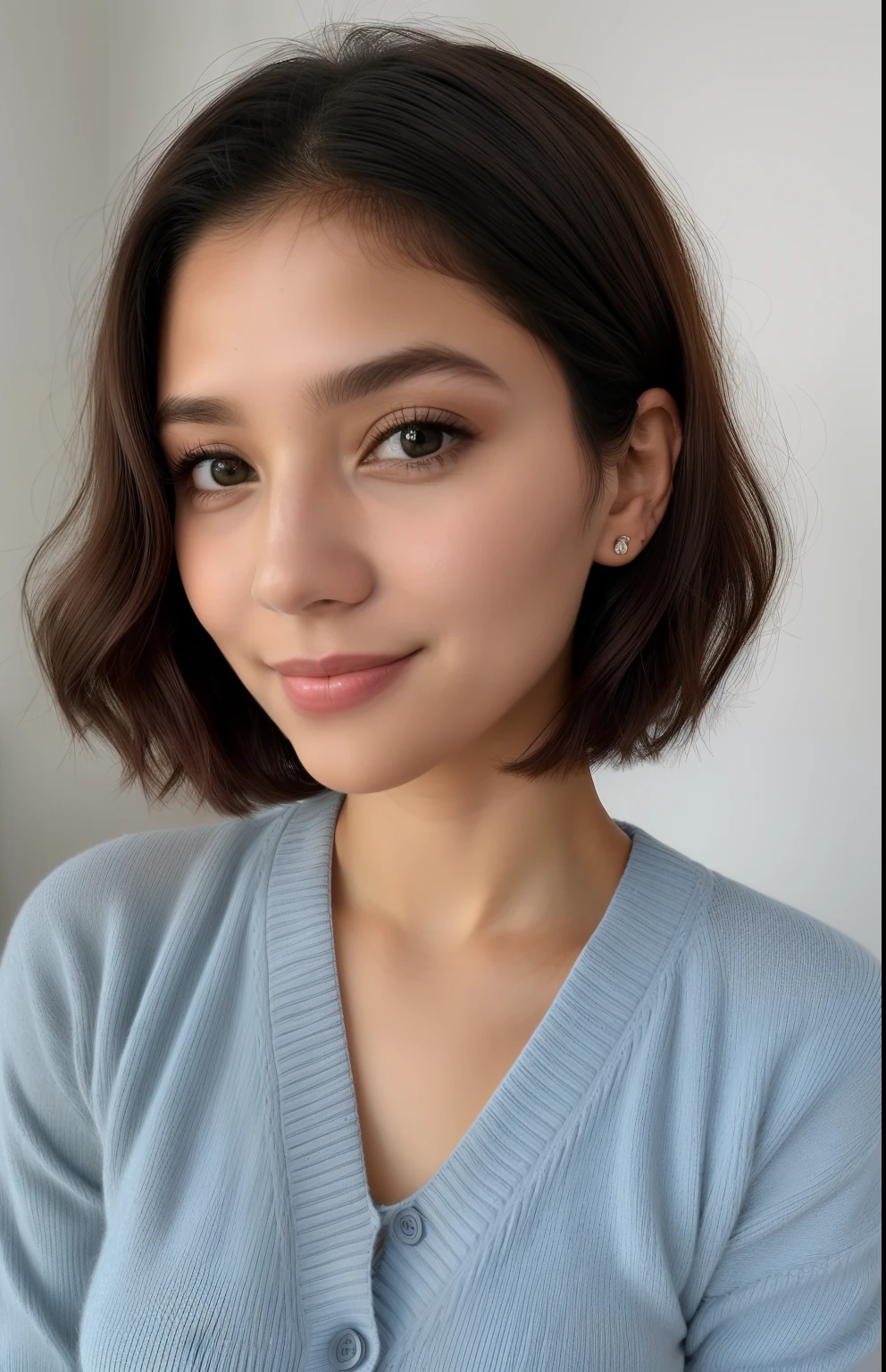 ((melhor qualidade, 8k, obra-prima: 1,3)), 1 menina, Cute with thin abdomen: 1,3, (Medium-short hair, seios grandes : 1,2), cardigan: 1,1, rosto ultra detalhado, olhos detalhados, Bare double eyelid