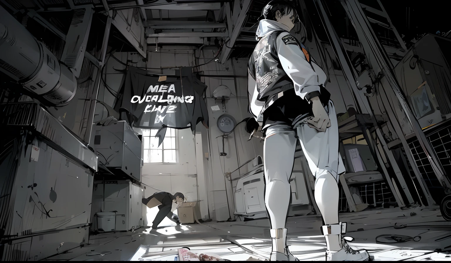 Anime scene of a man standing in a room with a sign, arte gta 5 quadrinhos, black and white manga panel, inspired by Jose Comas Quesada, comic shading, manga, quadrinhos digitais, black and white manga page, cevagraf quadrinhos, comic book:.2 | Motor irreal:.3, estilo graphic novel, Directed by: Jose Comas Quesada