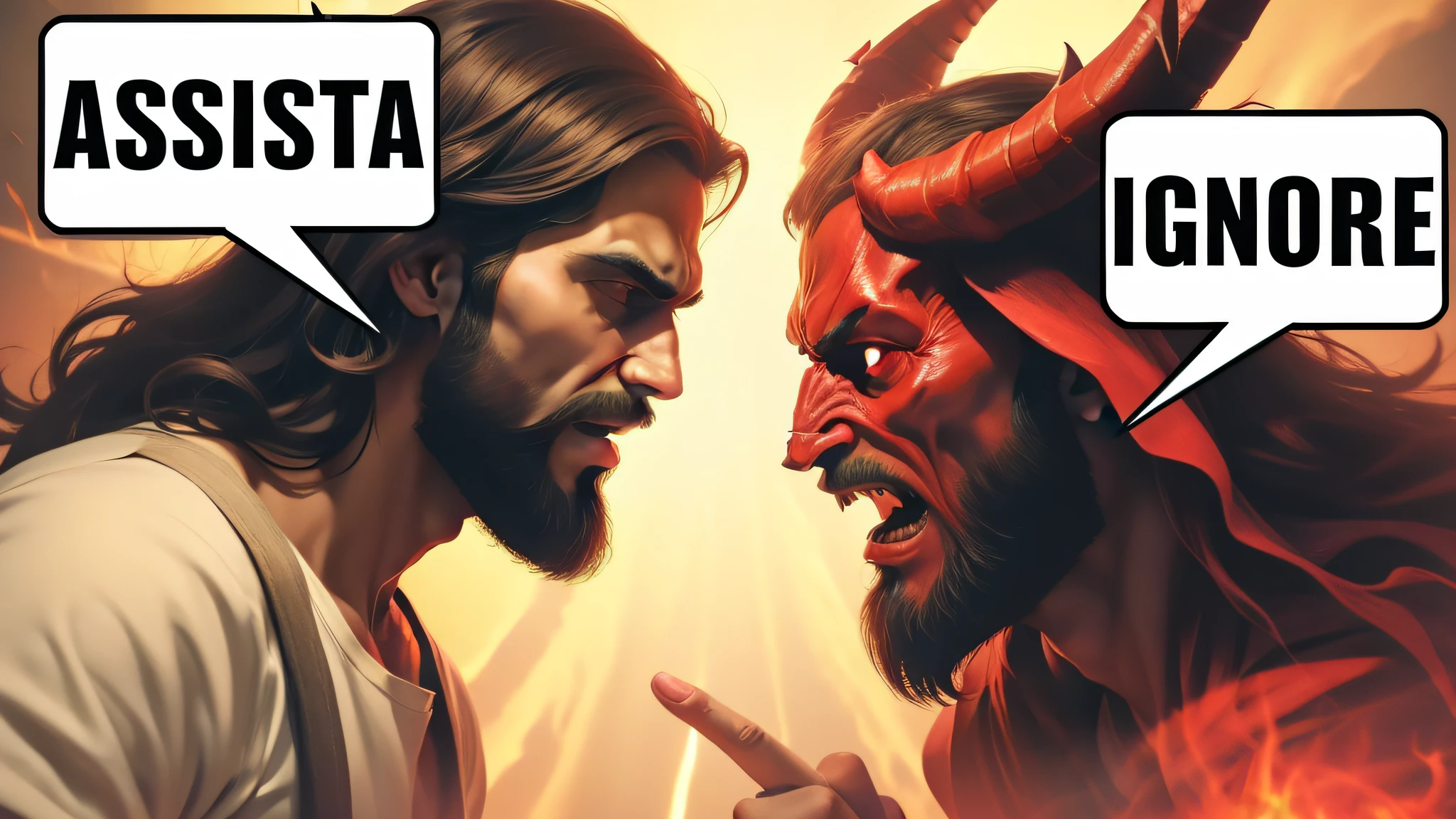 Arfed image of a man with a beard and demon face, jesus christ fighting lucifer, diabo versus anjo, fazendo um acordo com o diabo, heaven vs hell, anjo versus diabo, angels vs demons, batalha entre o bem e o mal, satan in hell, jesus christ is the doom slayer, A batalha final no inferno, o bem contra o mal, o bem contra o mal