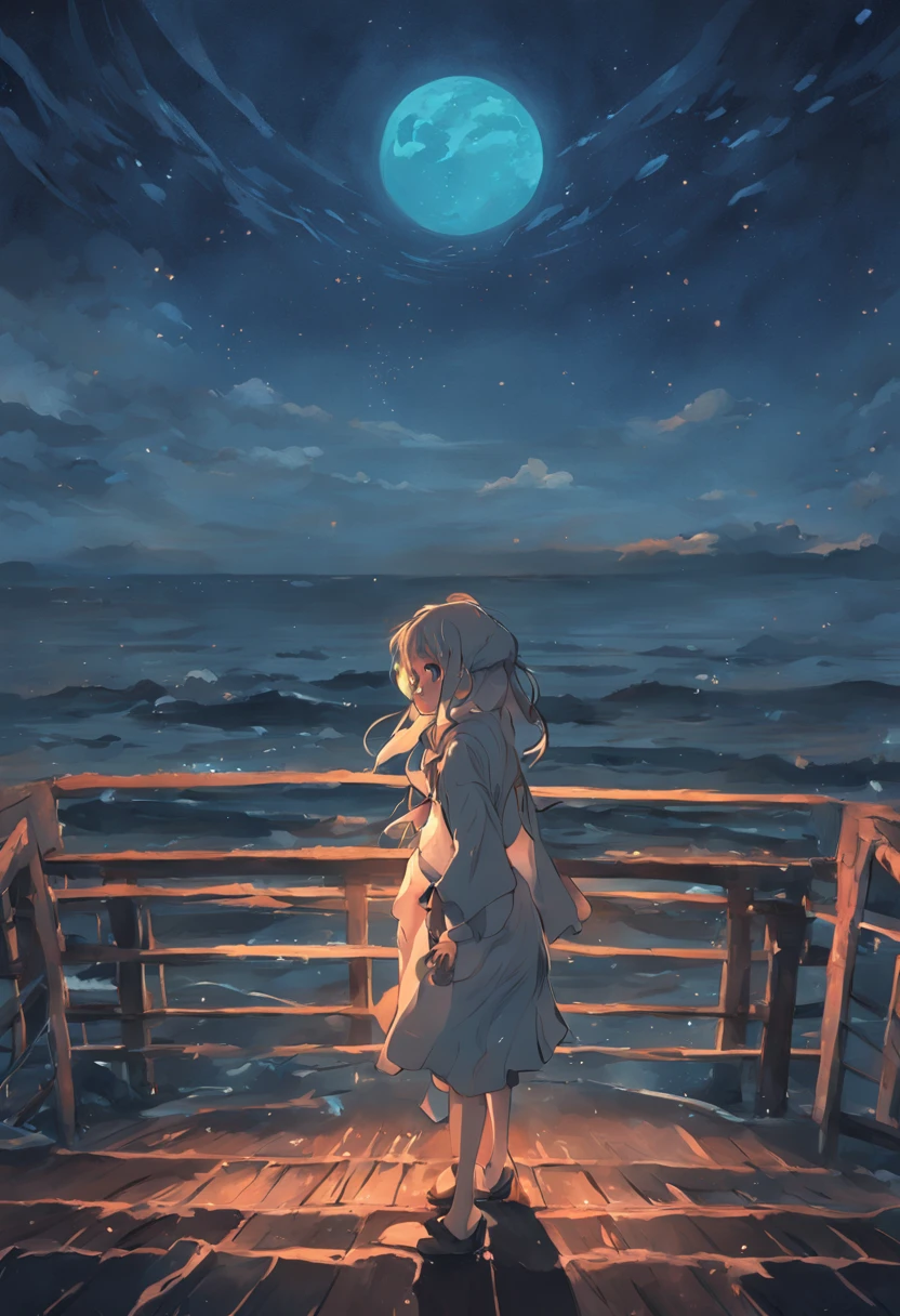 "Um jovem elegante contempla o mar noturno, on a nineteenth-century pier, sob a luz radiante da lua cheia."