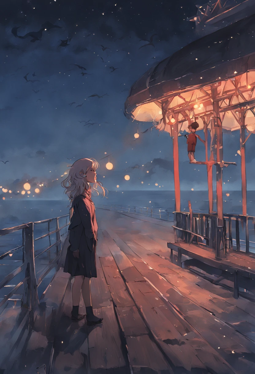 "Um jovem elegante contempla o mar noturno, on a nineteenth-century pier, sob a luz radiante da lua cheia."