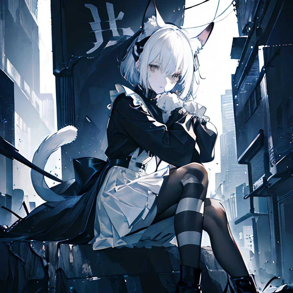 unhappy sorrowful mourning contemplative depressed catgirl with asymmetric fashion-sense and two black cat ears and a white bobcut with black bangs wearing full-coverage complete traditional gothic maid uniform with long sleeves past her wrists and legwear past her ankles in a scene generated from images sampled from every source possible and in high resolution such as 8K and 4K and 2K, masterwork portrayal of elegant feminine mature modest 30 years old scrutinizing suspicious dignified modestly-dressed exhausted skeptical impatient bitter conservatively-dressed catgirl maid with one black nekomimi cat ear and one white nekomimi cat ear and with two-tone medium-length haircut and wearing a dress-or-top-or-blouse that covers her neck such as a turtleneck-sweater-or-buttoned-up-shirt-or-lace-blouse and wearing something that covers her legs such as long-dress-or-long-skirt and wearing one black boot-or-shoe and one white boot-or-shoe and the catgirl maid is looking behind her shoulder in a grungy ghetto scary seedy dangerous narrow alleyway in the night-time setting of a brutalist dystopian metropolitan city hellscape such as Gotham and viewed from an unusual-or-uncommon-or-interesting angle such as dutch angle and depicted in a sharp clean cool detailed style chosen from a mature dark complex intricate style such as the style shinichiro watanabe's cowboy bebop or the grimdark anime style of yoshitaka amano's vampire hunter d, 1girl, pure-white hair fringe, grey eyes, oil-slick-black hair with white-color striped highlights, split-color hair with onyx-black stripes highlights, opaque black pantyhose, cat-striped white and black leggings, nekomusume tail, asymmetry, multicolored hair, two-tone hair, wearing full-coverage gloves, zebra-striped hair, sleeves past wrist, sleeves past fingers, collared dress, black-or-white white leather corset, black-or-white fabric bustier, high-low skirt, cat tail, zebra tail, legwear past ankles, long pleated skirt,