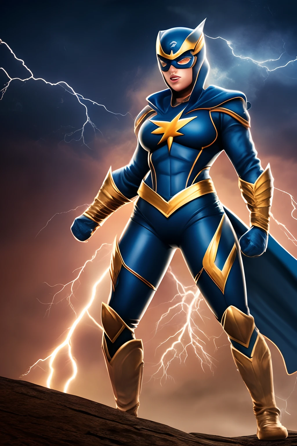 Create a superhero character inspired by lightning, full body, silver and blue coloured, it should be a fully masked character, no human face features, beautiful nature lightning and thunder background, highly detailed, high quality artwork, high quality, rich colours photography, no cartoon looking character. REV Animated model. --auto --s2
