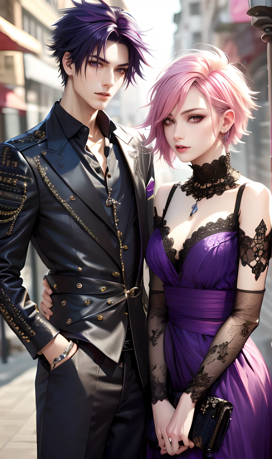 ​masterpiece, top-quality, 2Others, Male and female couples, 1 man and 1,, Adults, Height difference, different color, finely eye and detailed face, intricate detailes, Casual clothing, window, A smile, Happiness, tenderness, husband and wife, high-level image quality、 selfee, Beautiful men and women、tall、The upper part of the body、nightfall、Hand in hand, nighttime scene、𝓡𝓸𝓶𝓪𝓷𝓽𝓲𝓬、Korea person, Idol Photos, k pop, Professional Photos, Vampires, Korean fashion in black and white, Fedoman with necklace, inspired by Sim Sa-jeong, androgynous vampire, :9 detailed face: 8, extra detailed face, detailed punk hair, ((eyes are brown)) baggy eyes, Seductive. Highly detailed, semi realistic anime, Vampires, hyperrealistic teen, delicate androgynous prince, imvu, short hair above the ears, Man with short hair, With a purple-haired man with a wild expression, Pink hair woman with gentle expression, ((With a short-haired man with bright purple hair)), ((Woman with long pink hair below waist))