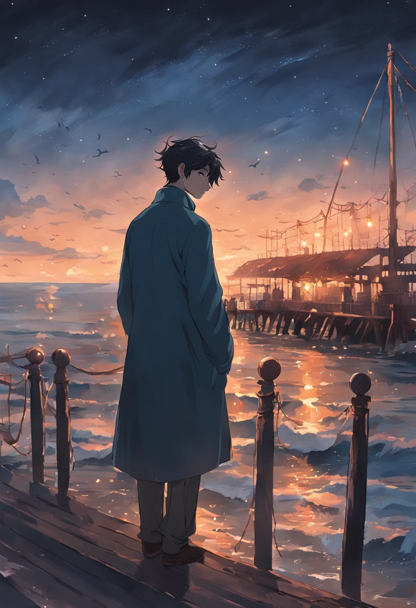 "Um homem jovem elegante contempla o mar noturno, on a nineteenth-century pier, sob a luz radiante da lua cheia."