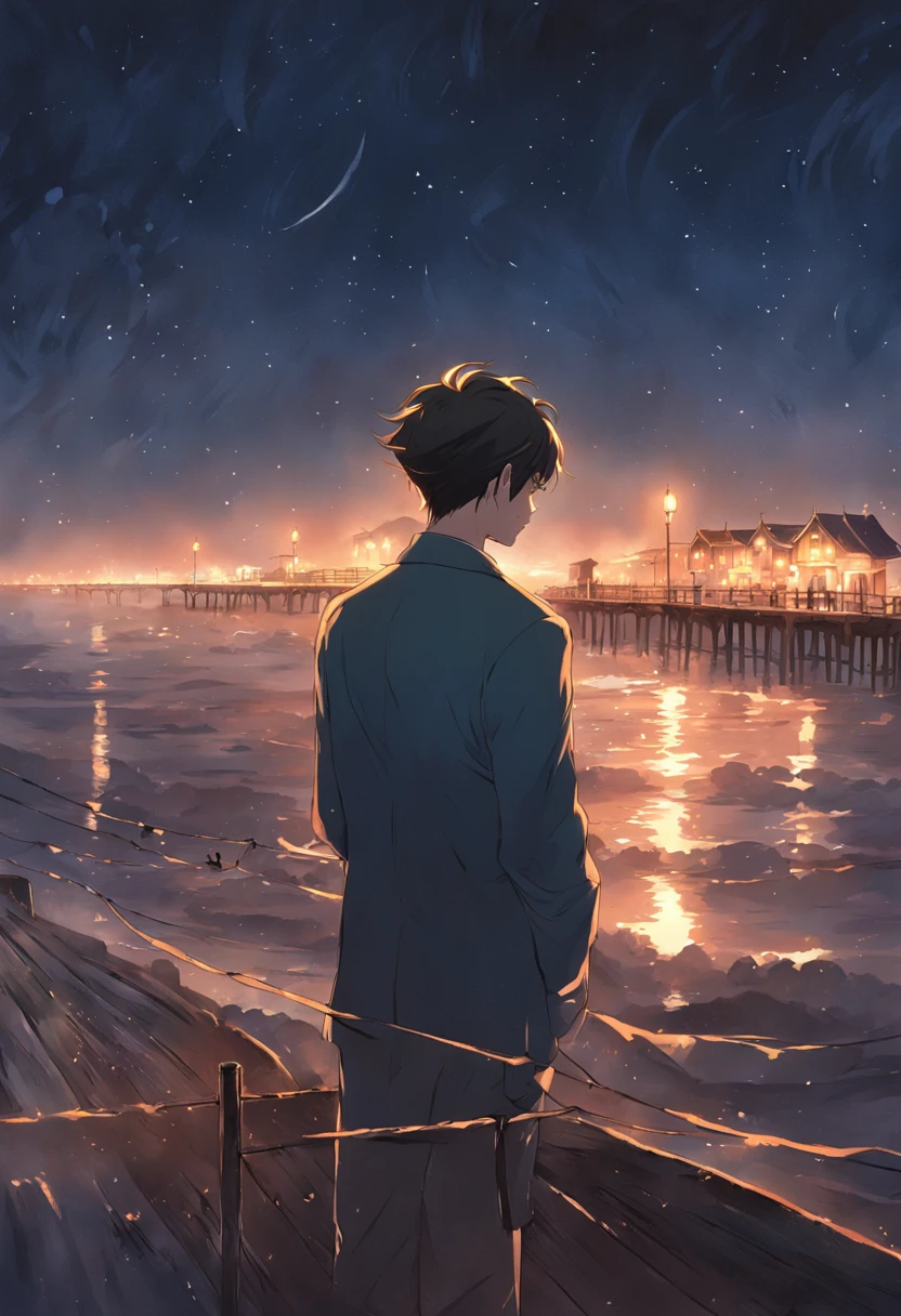 "Um homem jovem elegante contempla o mar noturno, on a nineteenth-century pier, sob a luz radiante da lua cheia."