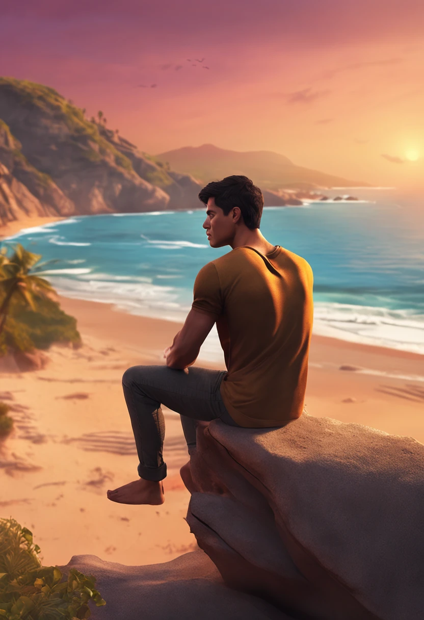 A strapping young Latino man with a chiseled chin, sitting on the edge of a cliff overlooking a picturesque beach, with the sunset behind him casting a warm glow on his tanned skin and dark hair, creating a serene and breathtaking scene. , Digital art, with realistic style and soft colors, --ar 9:16 --v 5