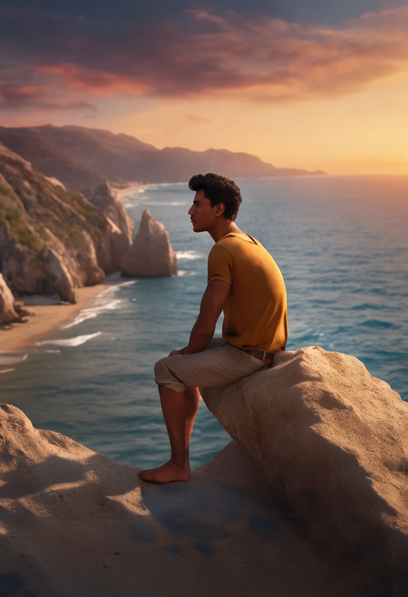 A strapping young Latino man with a chiseled chin, sitting on the edge of a cliff overlooking a picturesque beach, with the sunset behind him casting a warm glow on his tanned skin and dark hair, creating a serene and breathtaking scene. , Digital art, with realistic style and soft colors, --ar 9:16 --v 5