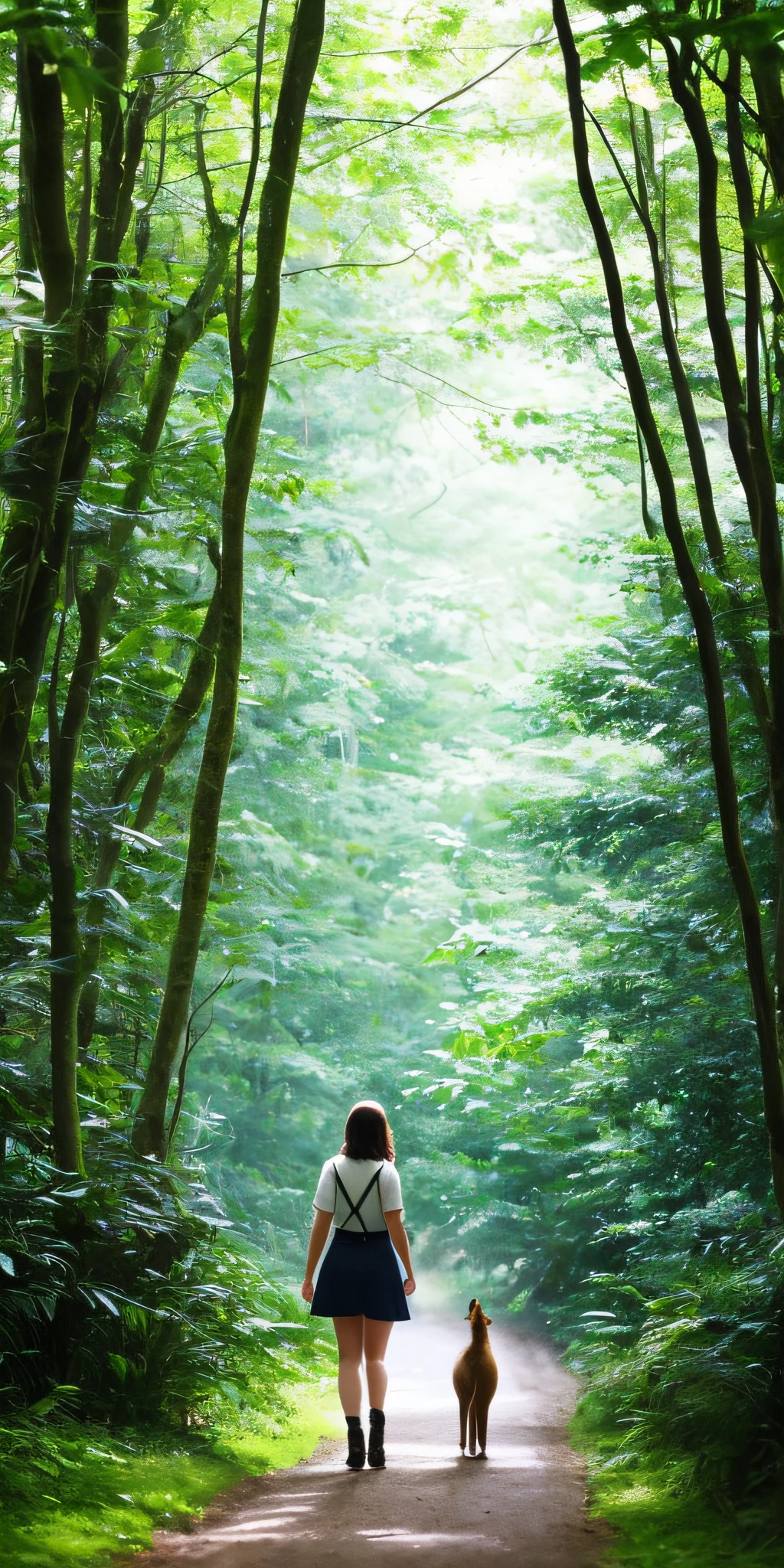 Imagine a scene: a brave girl walking along the winding road in the heart of a lush forest. Sunlight filtering through the treetops creates dancing patterns of shadow and light in its path. She is surrounded by nature, accompanied by the soft murmur of the wind in the leaves and the melodious song of birds.
Curious animals lurk from her hiding places, watching her with bright, inquisitive eyes. A mischievous squirrel hops from branch to branch above her, appearing to be leading her journey. As she moves forward, a family of deer crosses the road ahead of her, moving with enchanting grace. Colorful butterflies dance around you, as if celebrating your presence in the forest.
The girl does not show fear; on the contrary, her expression is full of admiration and respect for the nature around her. She feels part of this wild world, connected to every creature that watches her. The road takes her deeper into the forest, promising exciting adventures and fascinating discoveries at every turn.