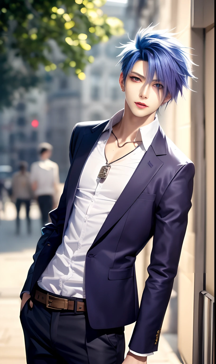 masterpiece, top-quality, 2Others, Male couple, 1 man and 1,, Adults, Height difference, different fashion, different color, finely eye and detailed face, intricate detailes, Naked, Casual clothing, white backgrounid, A smile, Happiness, tenderness, queers, Boys Love, high-level image quality、 selfee, Two beautiful men、tall、The upper part of the body、nightfall、nighttime scene、𝓡𝓸𝓶𝓪𝓷𝓽𝓲𝓬、Korean Male, Idol Photos, Model photo, k pop, Professional Photos, Vampires, Korean fashion in black pants and white Y-shirt, Fedoman with necklace, inspired by Sim Sa-jeong, androgynous vampire, :9 detailed face: 8, extra detailed face, detailed punk hair, ((eyes are brown)) baggy eyes, Seductive. Highly detailed, semi realistic anime, Vampires, hyperrealistic , delicate androgynous prince, imvu, short hair above the ears, Man with short hair, With a purple-haired man with a wild expression, Man with light blue hair with gentle expression, ((With a short-haired man with bright purple hair)), ((Man with light blue hair)), Take off your shirt and pose