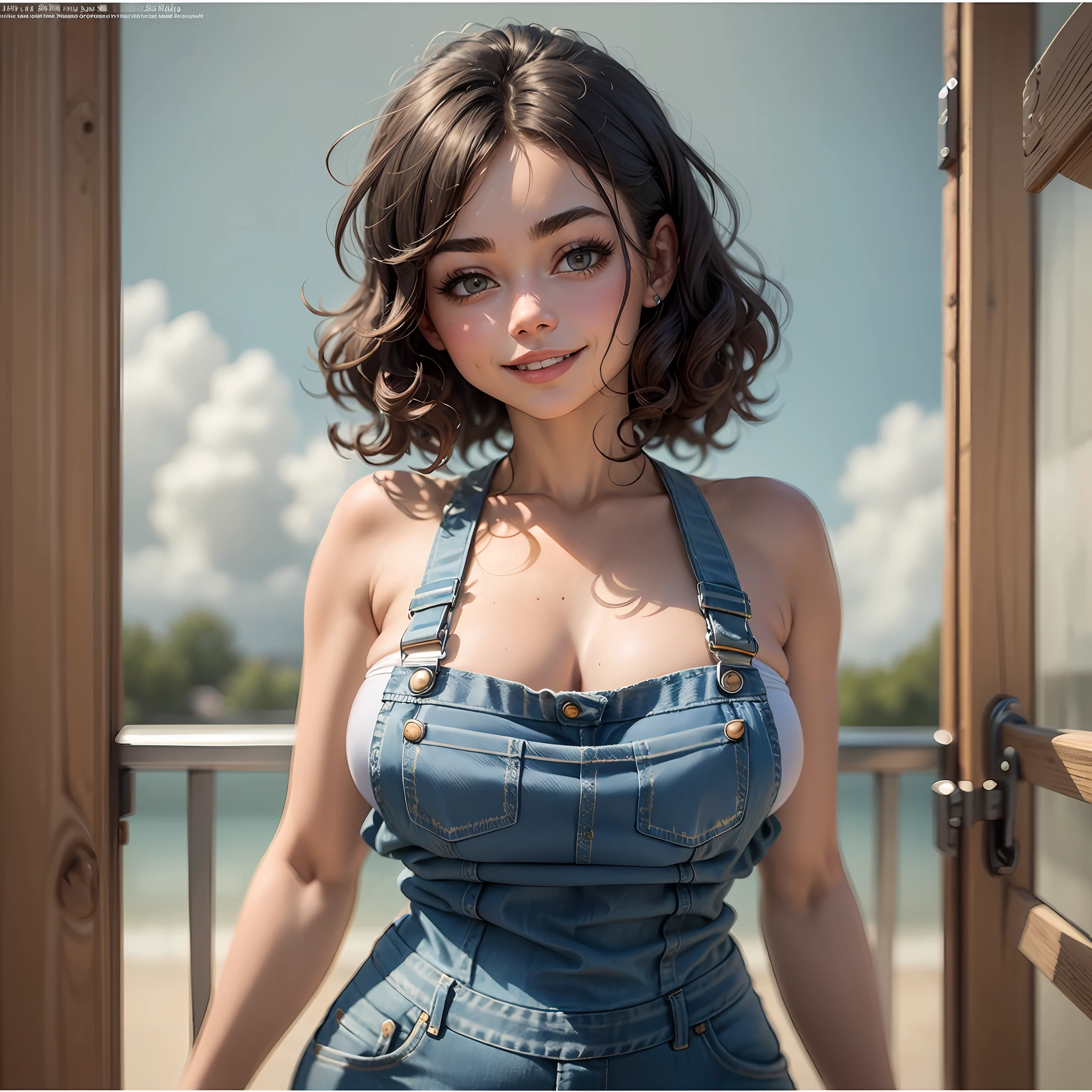 19 year old girl ("Sarah Hyland", "Brooke Shields"), almond-shaped eyes, thick eyebrows, flushed cheeks, big perfect breasts, uncovered shoulders, overalls, "no shirt", (nearly without clothes:1.3), Hyperrealism, UHD, best quality, highres, high details, 8k, sharpen focus, construction site