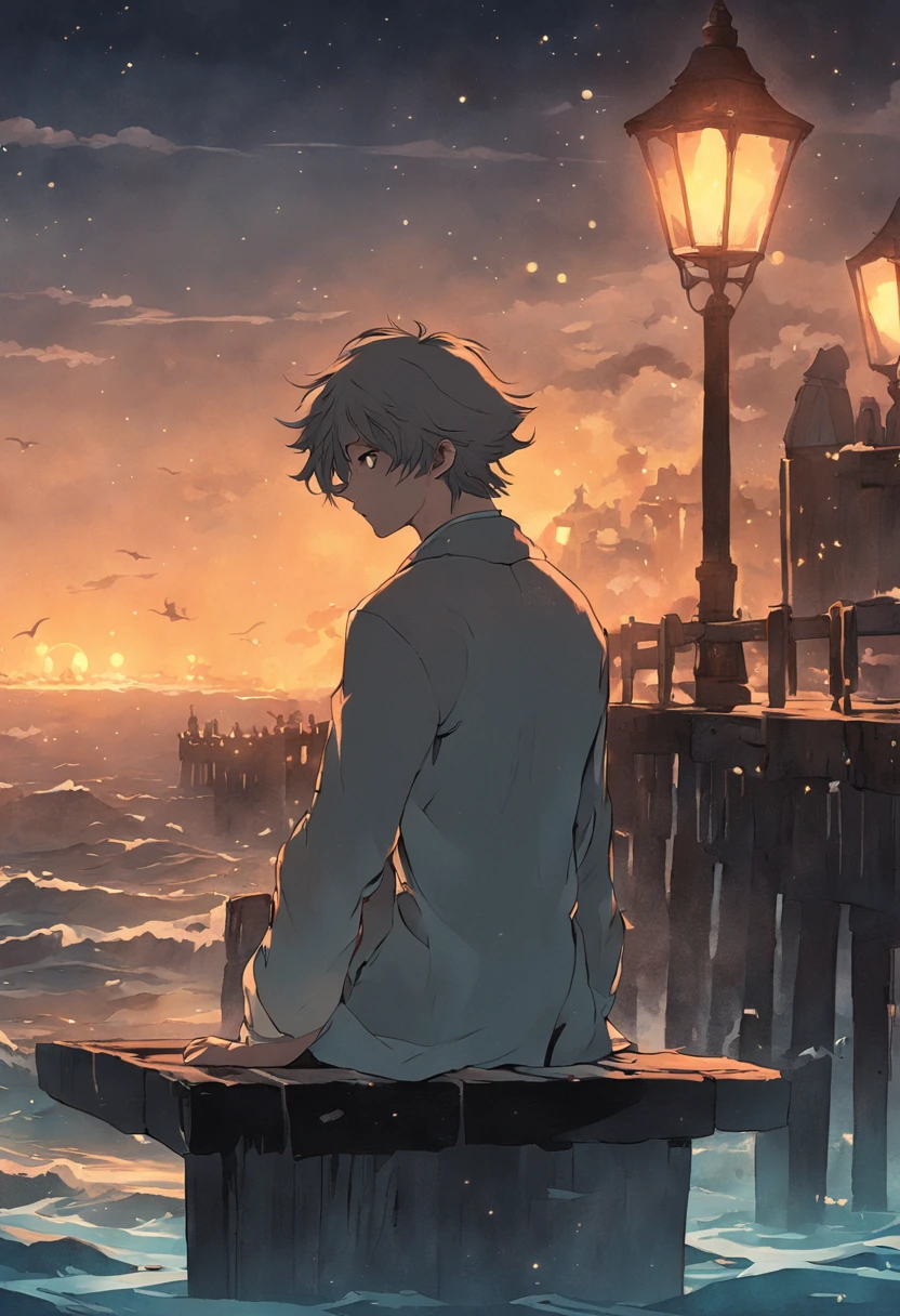 "Um homem jovem elegante contempla o mar noturno, on an eighteenth-century pier, sob a luz radiante da lua cheia."