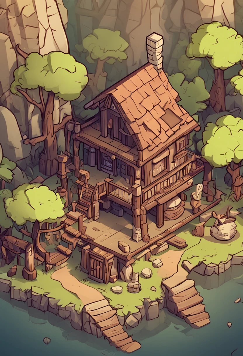isometric house, RPG style, cartoony, DnD, fantasy, mobile game，primitive man，animal bone，stone，wood, suspended in the air