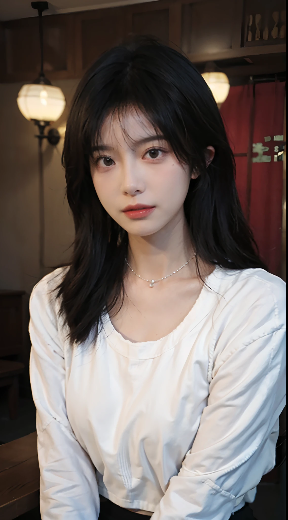best qualtiy， Ultra-high resolution， （realisticlying：1.4），Baoyu Girl，1girll, with long coiled hair，Looking into the distance，nedium breasts：1.4，Cropped red sweater，a sense of atmosphere，Beautiful woman with a slim figure:1.4, abs:1.4,,Ultra-fine face，Elaborate Eyes，double eyelid，choker necklace