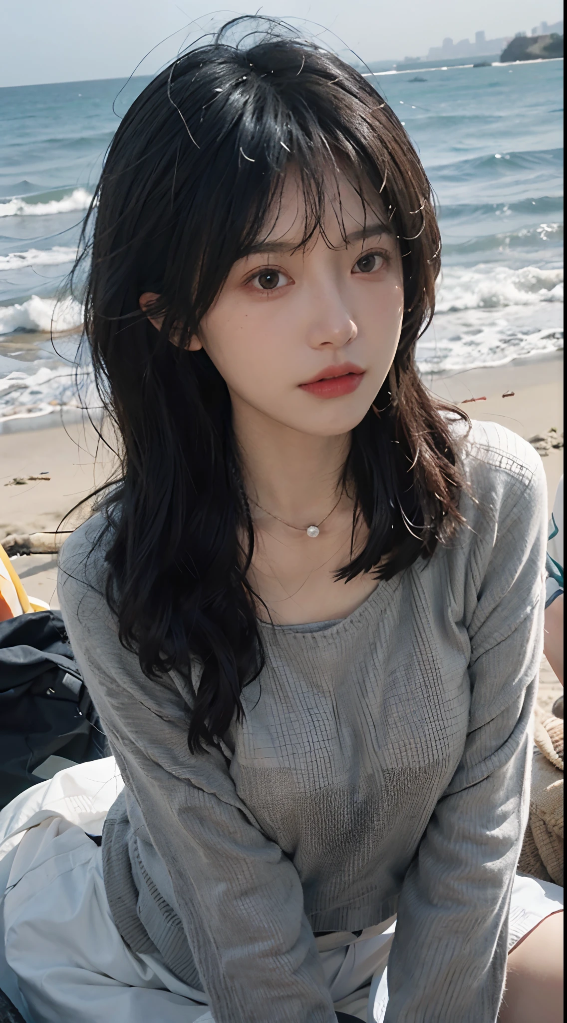 best qualtiy, 超高分辨率, (realisticlying:1.4),cute hairpin,1girll,Air bangs,with long coiled hair,Quartered sweater ,Blushlush,Beautiful woman with a slim figure:1.4, Pronounced abs,On the sandy beach,Ultra-fine face,Elaborate Eyes,二重まぶた,choker necklace