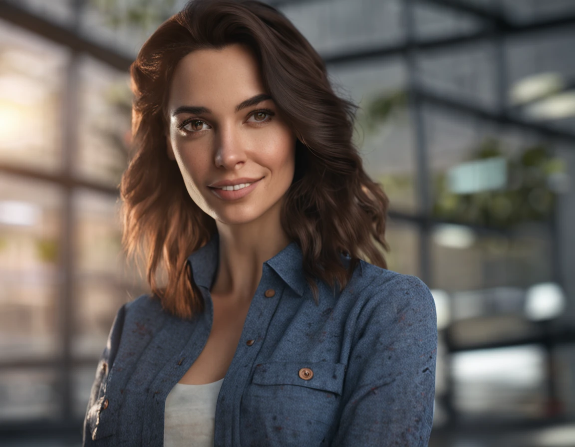 pixarstyle a waist-length portrait of a young woman in a office shirt, smile, office, natural skin texture, 4k textures, hdr, intricate, highly detailed, sharp focus, cinematic look, hyperdetailed