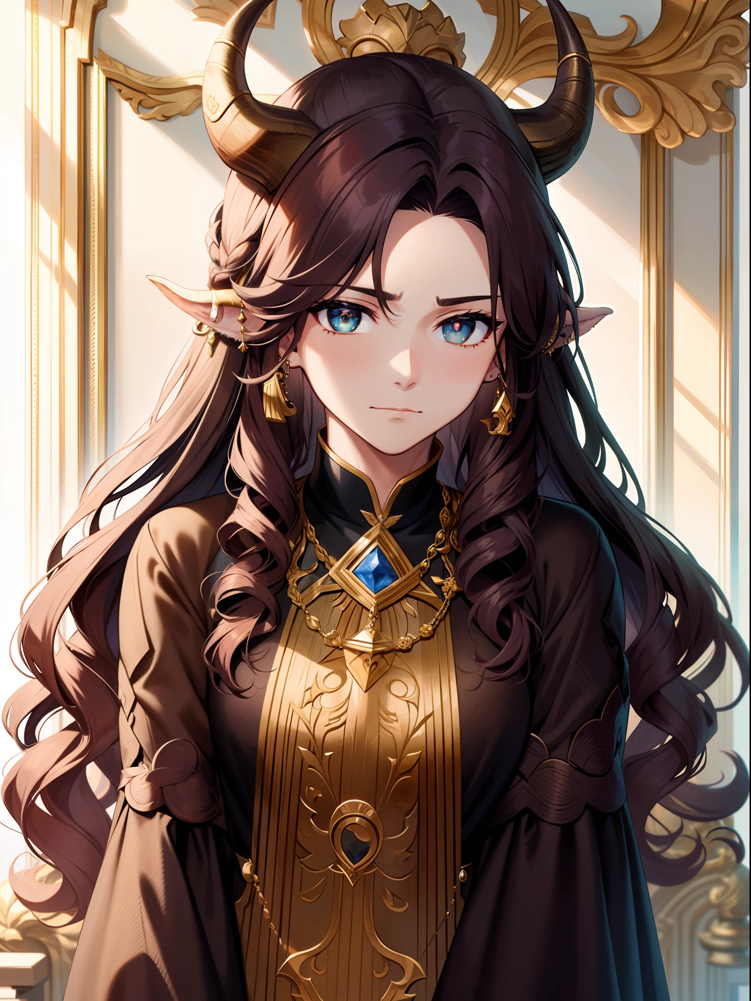 Anime style, portrait,frame,Taurus sign is A sturdy character with long, wavy hair, bull horns, piercings, calm eyes, and a gentle expression. He would be dressed in comfortable, earthy clothes.