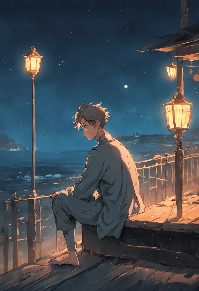 "Um homem jovem elegante contempla o mar noturno, sem aparecer o rosto do jovem, on an eighteenth-century pier, sob a luz radiante da lua cheia."