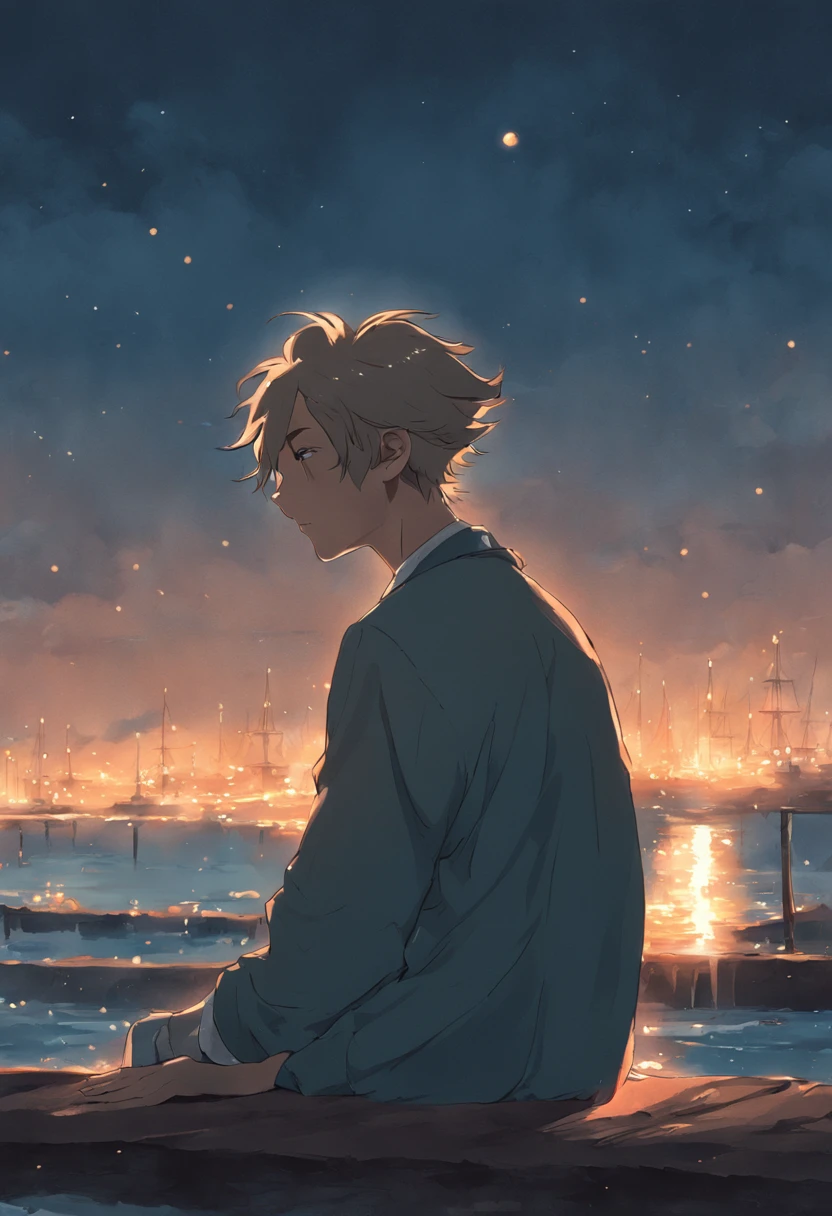 "Um homem jovem elegante contempla o mar noturno, sem aparecer o rosto do jovem, on an eighteenth-century pier, sob a luz radiante da lua cheia."