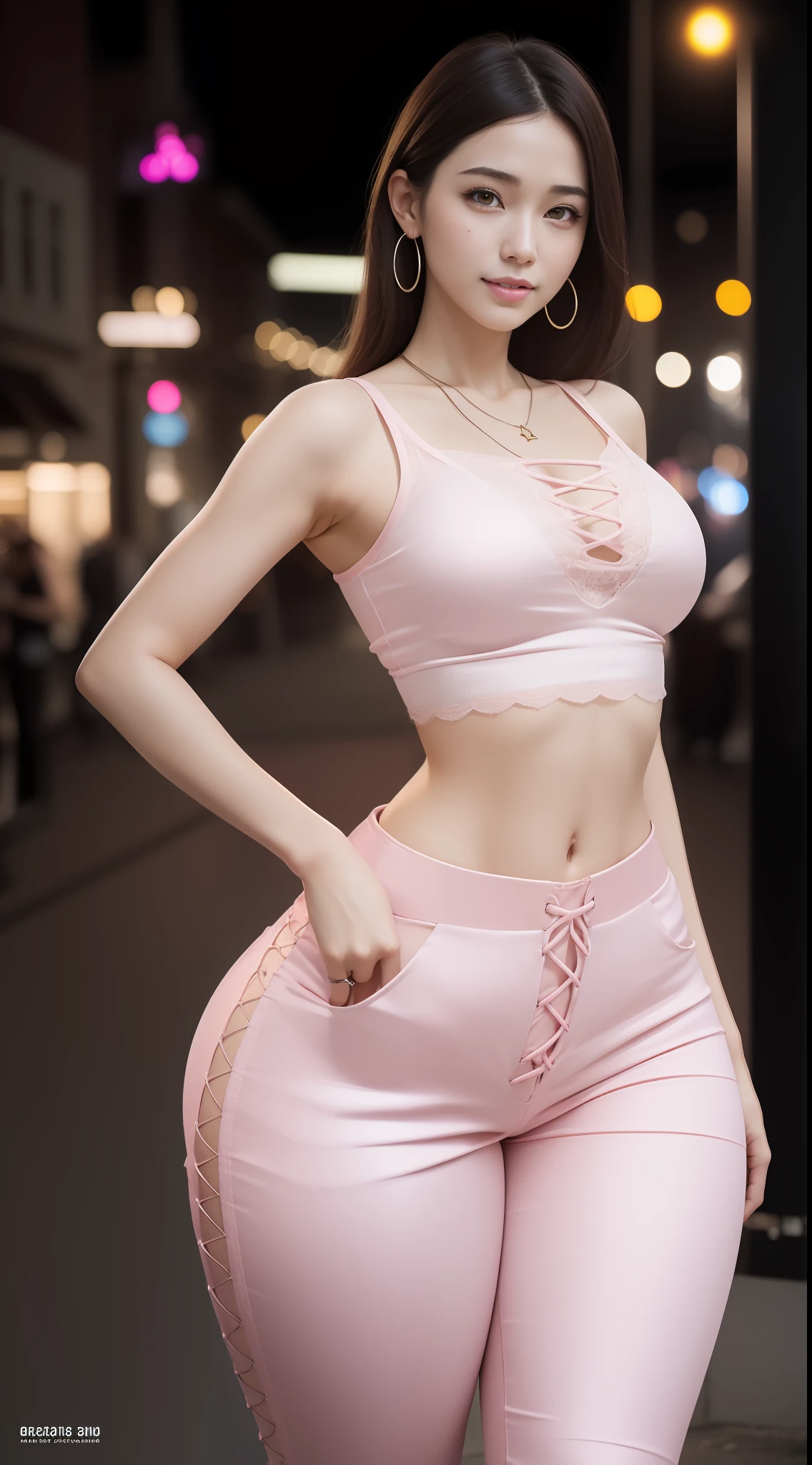 8K, Masterpiece, RAW photo, Best quality, Photorealistic, Extremely detailed Cg Unity 8K wallpapers, Depth of field, Cinematic light, Lens flare, Ray tracing, (Extremely beautiful face, Beautiful lips, Beautiful eyes), intricate detail face, ((ultra detailed skin)) 1girll, In the dark, deepshadow, Pretty Korean girl, Kpop idol, 1 girl, (Very slim and slender muscular body:1.3), ((view the viewer)),(Big smile:1.3), (Tight lace-up blouse), (Pink shirt), (Sleeveless) , (Fashion night, Dark night, (neon lights sign), (Blurred background), Fashion Street Night),(No one is in the background:1.3), Beautiful earrings, bangle, necklace, Pantyhose, Clear eyes, (Pale skin), (Big eyes), Face forward, ((upperbody shots)), ((Silk pink trousers:1.3)),(brown hairs),((Tight lace-up pants)), (see through), (view the viewer:1.3) open breast, Very slim, Thick thighs, Medium breasts, (see through),((puffynipple)), ((camel-toe))