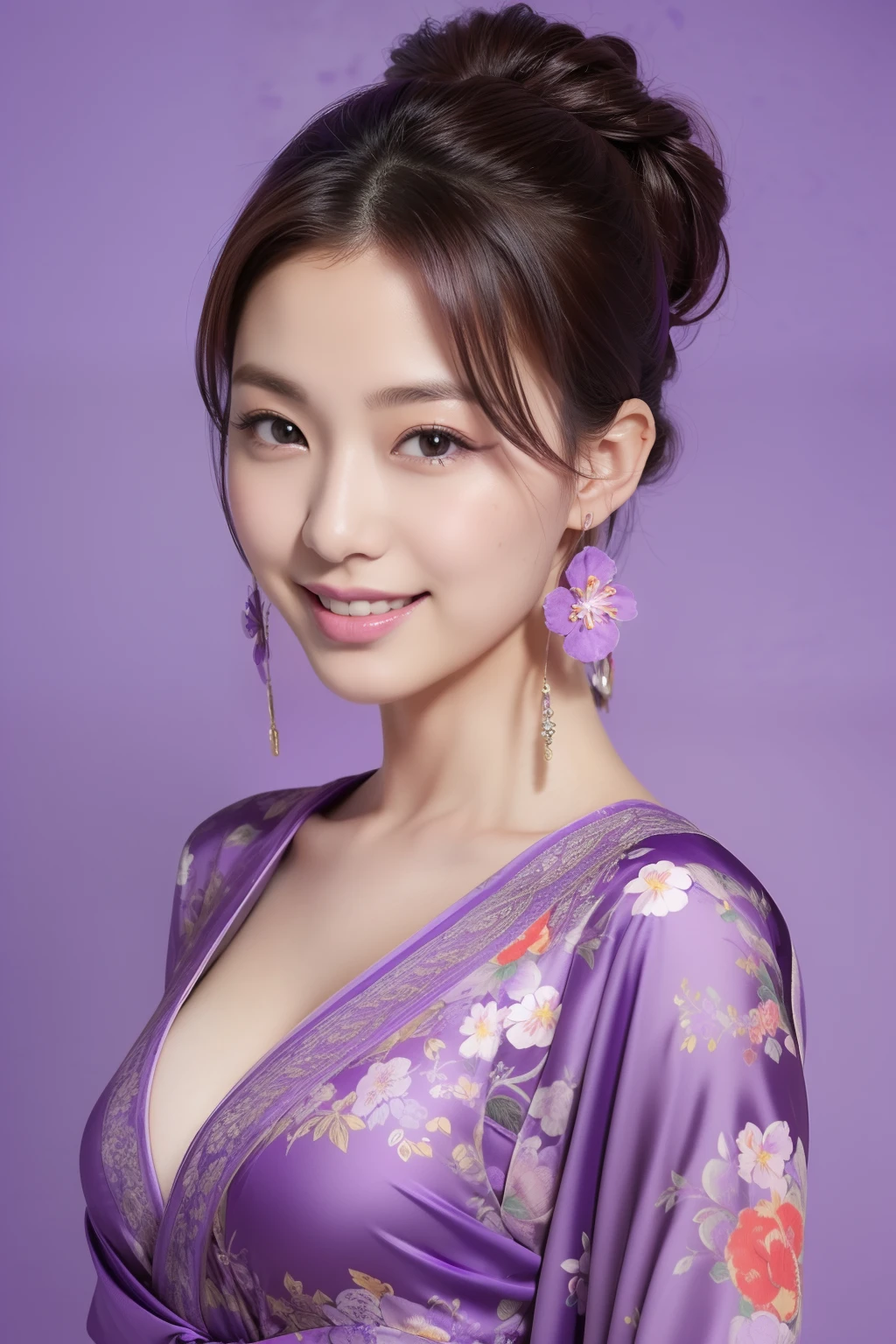 ((Masterpiece, highest quality, super definition, high resolution)), ((body shot:1.5)), looking back, standing, (1 slender woman of Japan, 28 years old), seductive smile, Dark Brown Hair, Hair up, (Fine hair ornaments:1.3), (Purple Fine Floral Pattern:1.4), Ultra Detailed Face, Detailed Eyes, Double Eyelids, kimono top:1.3, BREAK (Purple background, gradation:1.3), High Quality, 4K,