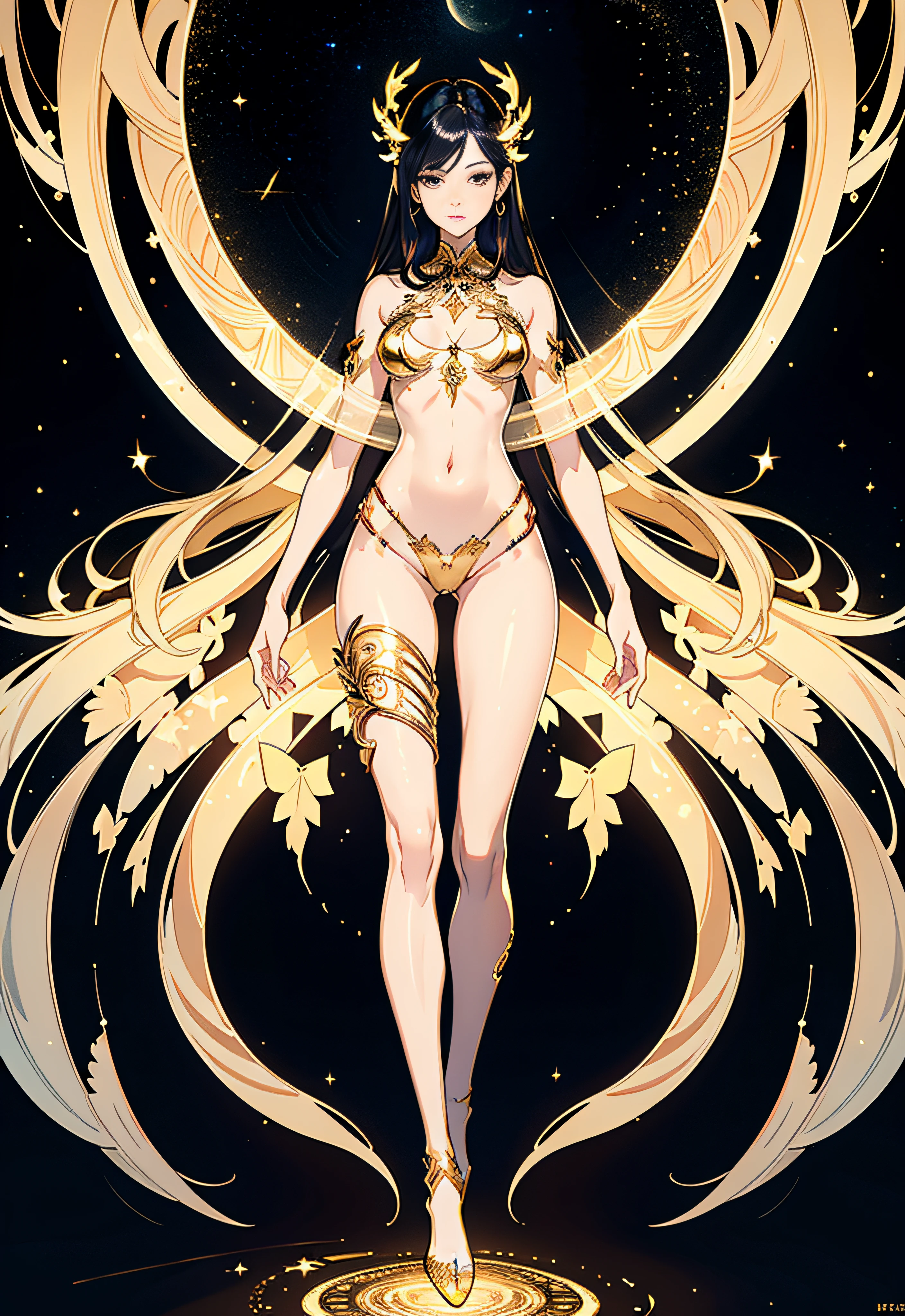 Masterpiece, highly creative digital CG work, a beautiful and proud human void goddess, supermodel, gorgeous clothes on gold patterns, full body white transparent bikini standing under the wild empty night stars, disappearing transparent pants, full body standing, tall, slender legs, extremely high face details, detailed body part details, leg root details, reasonable hand handling, 8k wallpaper