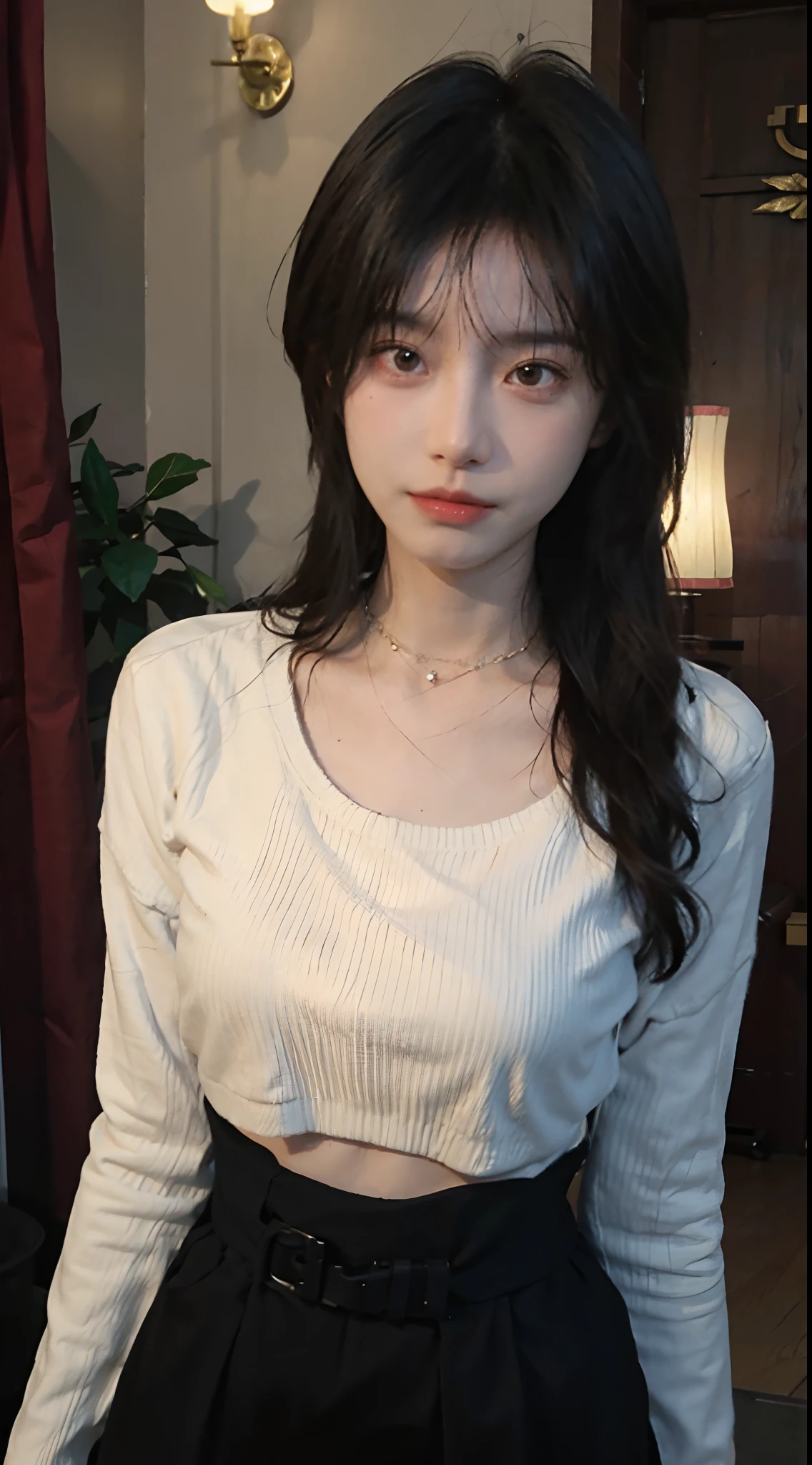 Best quality,Ultra-high resolution,(Realism:1.4),Cute hairpins,Baoyu Girl,1 Girl,Red short sweater,Beautiful woman with a slim figure:1.4,Abdominal muscles:1.1,(Brown hair,Mid-chest:1.3),bathroom,Super delicate face,Exquisite eyes,Double eyelids,make faces,necklace