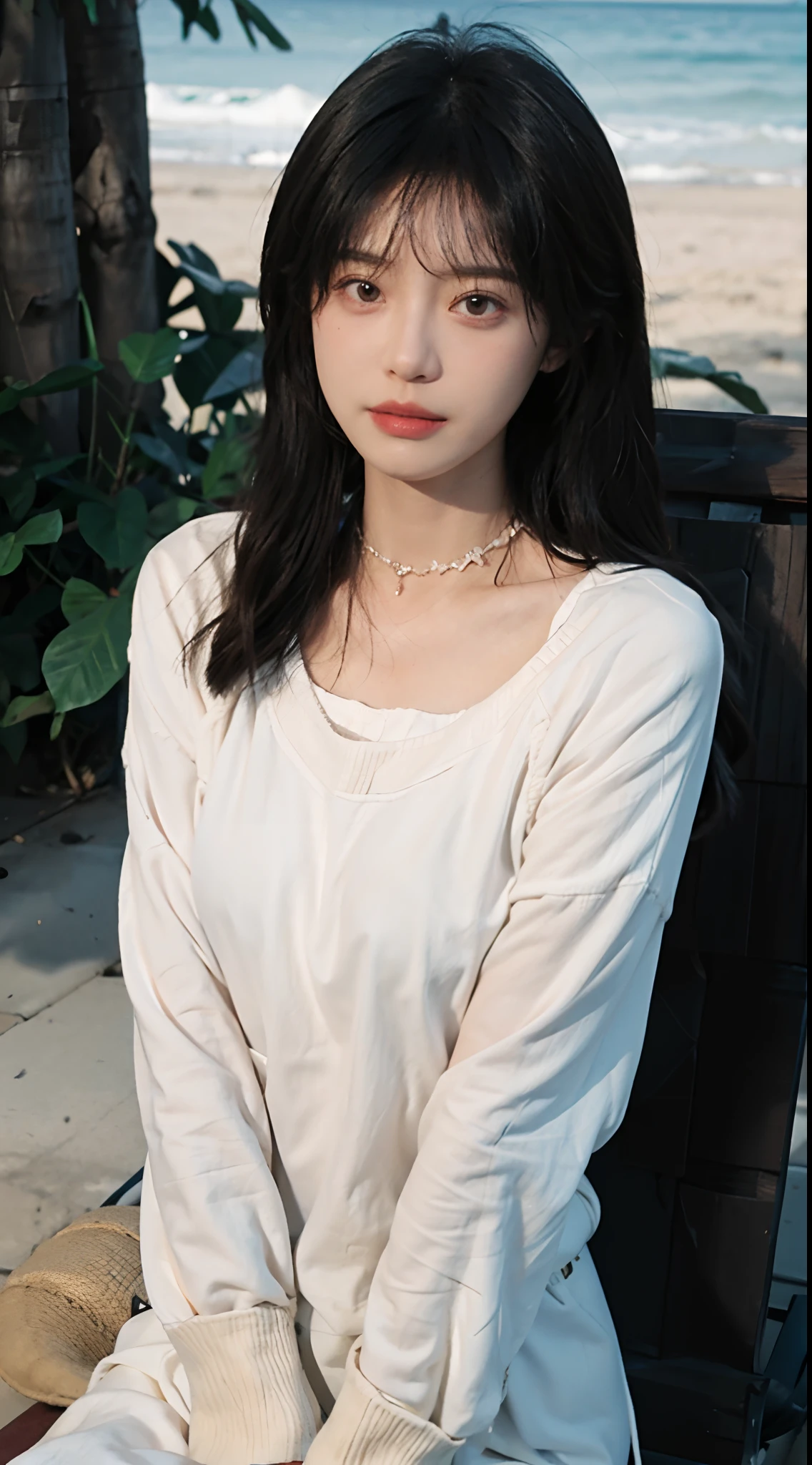 best qualtiy, 超高分辨率, (realisticlying:1.4),cute hairpin,1girll,Air bangs,with long coiled hair,Quartered sweater ,Blushlush,Beautiful woman with a slim figure:1.4, Pronounced abs,On the sandy beach,Ultra-fine face,Elaborate Eyes,二重まぶた,choker necklace