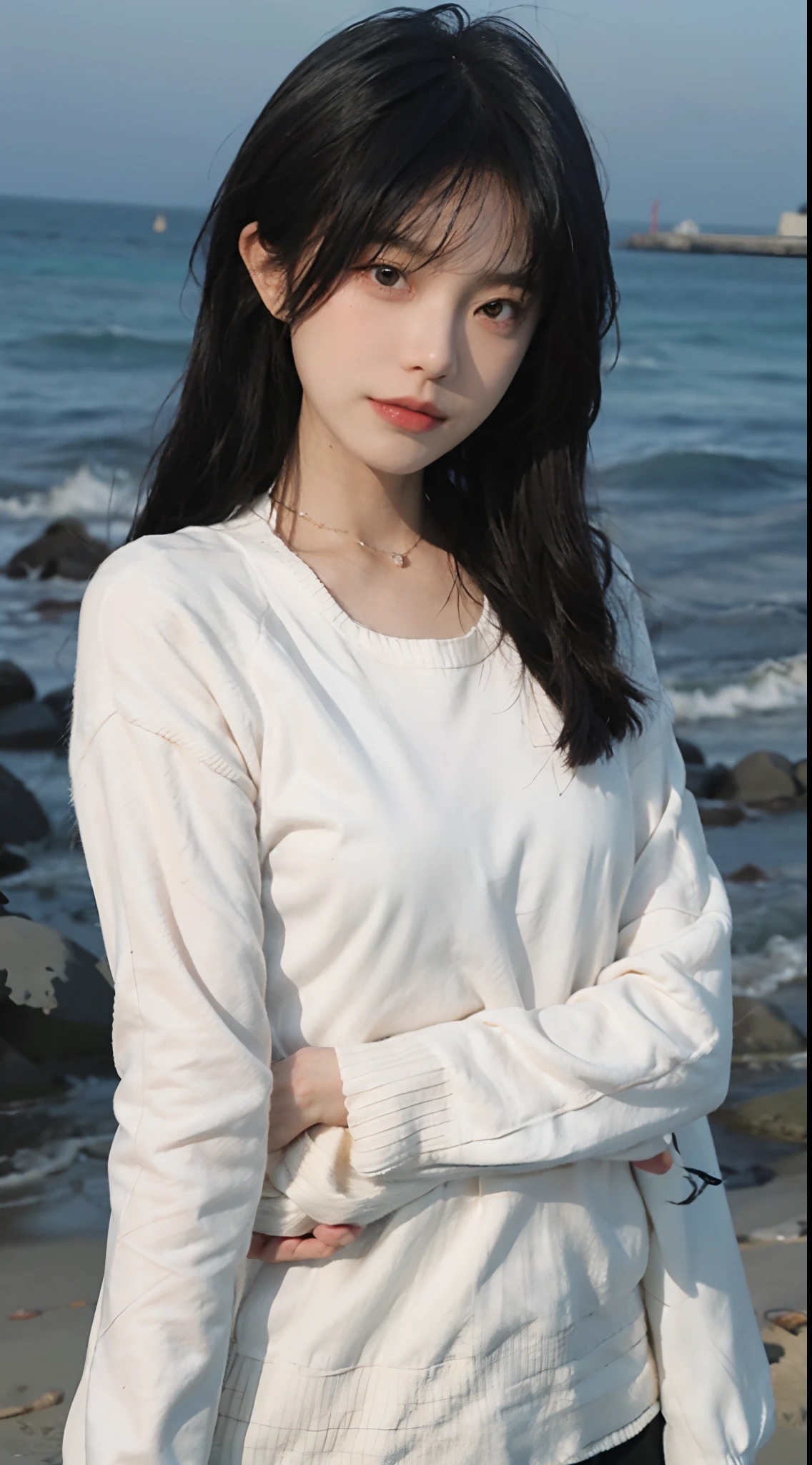 best qualtiy, 超高分辨率, (realisticlying:1.4),cute hairpin,1girll,Air bangs,with long coiled hair,Quartered sweater ,Blushlush,Beautiful woman with a slim figure:1.4, Pronounced abs,On the sandy beach,Ultra-fine face,Elaborate Eyes,二重まぶた,choker necklace