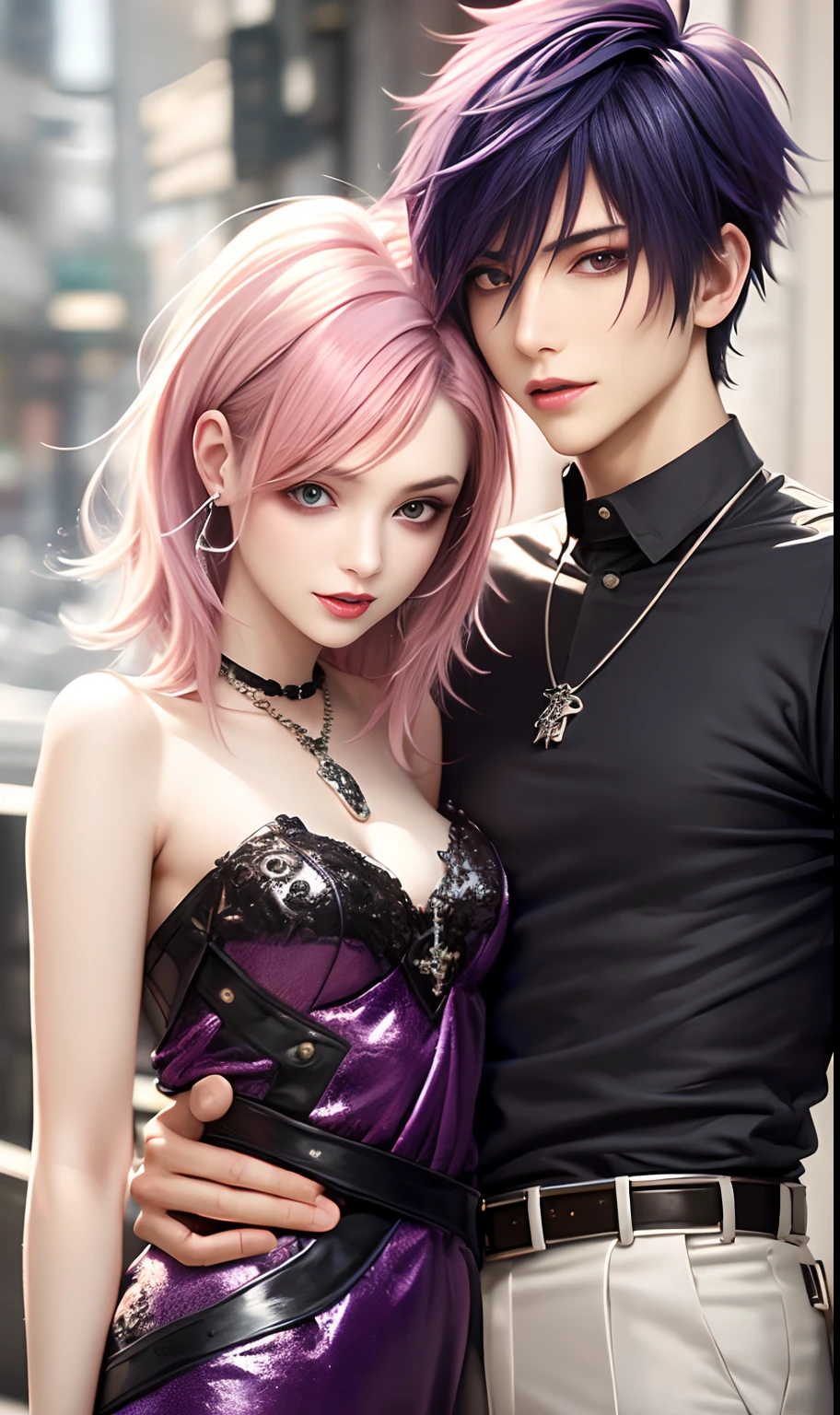 masterpiece, top-quality, 2Others, Male and female couples, 1 man and 1,, Adults, Height difference, different color, finely eye and detailed face, intricate detailes, Casual clothing, window, A smile, Happiness, tenderness, husband and wife, high-level image quality、 selfee, Beautiful men and women、tall、The upper part of the body、nightfall、Hand in hand, nighttime scene、𝓡𝓸𝓶𝓪𝓷𝓽𝓲𝓬、Korea person, Idol Photos, k pop, Professional Photos, Vampires, Korean fashion in black and white, Fedoman with necklace, inspired by Sim Sa-jeong, androgynous vampire, :9 detailed face: 8, extra detailed face, detailed punk hair, ((eyes are brown)) baggy eyes, Seductive. Highly detailed, semi realistic anime, Vampires, hyperrealistic teen, delicate androgynous prince, imvu, short hair above the ears, Man with short hair, Woman with long hair, With a purple-haired man with a wild expression, Pink hair woman with gentle expression, ((With a short-haired man with bright purple hair)), ((Woman with long pink hair below waist))