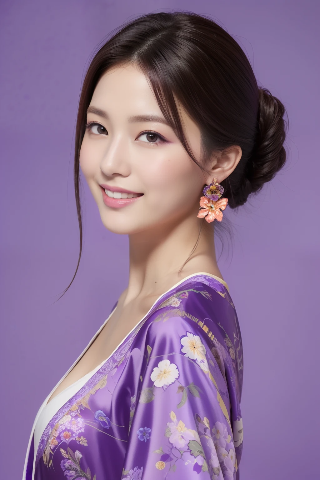 ((Masterpiece, highest quality, super definition, high resolution)), ((body shot:1.5)), looking back, standing, (1 slender woman of Japan, 28 years old), seductive smile, Dark Brown Hair, Hair up, (Fine hair ornaments:1.3), (Purple Fine Floral Pattern:1.4), Ultra Detailed Face, Detailed Eyes, Double Eyelids, kimono top:1.3, BREAK (Purple background, gradation:1.3), High Quality, 4K,