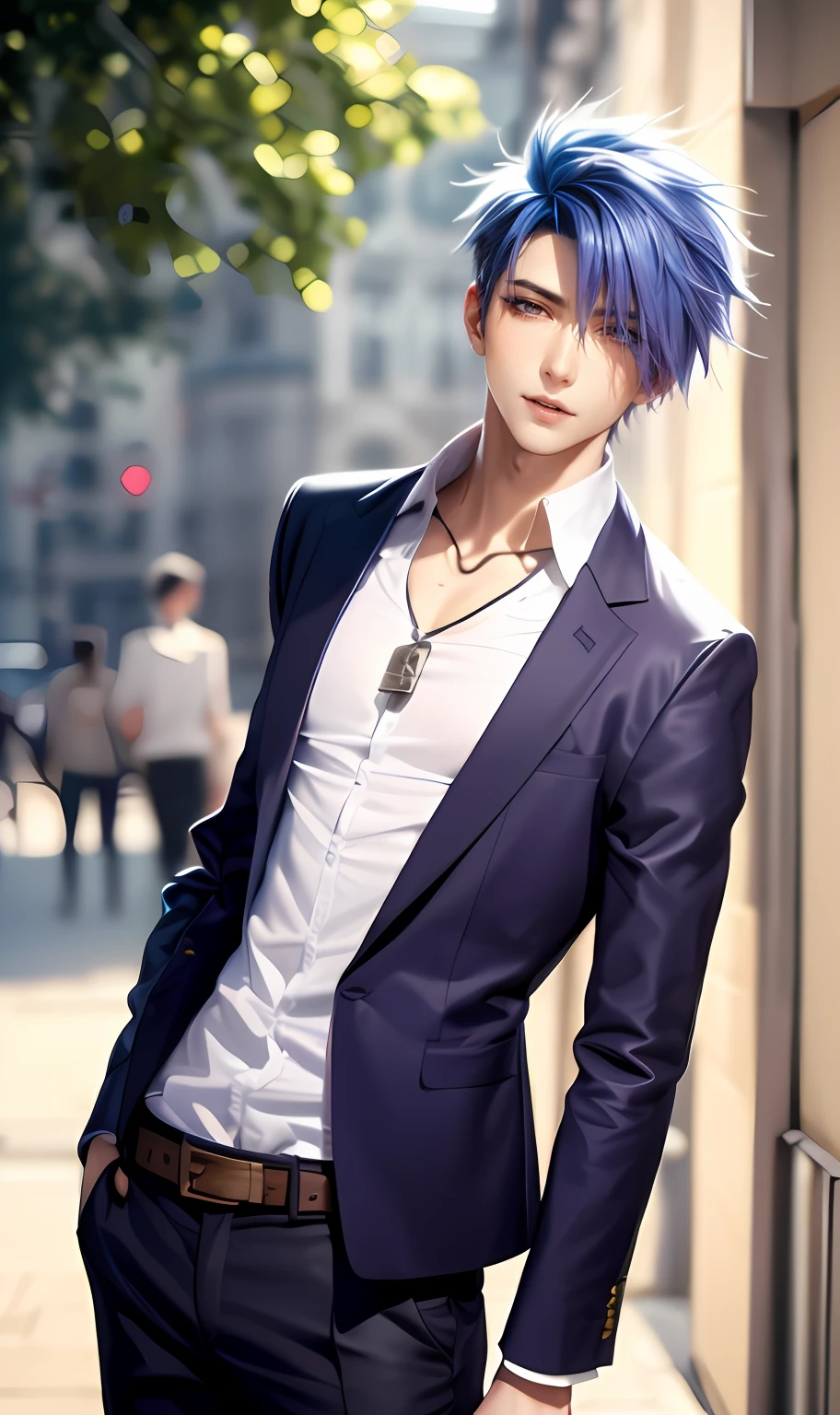 masterpiece, top-quality, 2Others, Male couple, 1 man and 1,, Adults, Height difference, different fashion, different color, finely eye and detailed face, intricate detailes, Naked, Casual clothing, white backgrounid, A smile, Happiness, tenderness, queers, Boys Love, high-level image quality、 selfee, Two beautiful men、tall、The upper part of the body、nightfall、nighttime scene、𝓡𝓸𝓶𝓪𝓷𝓽𝓲𝓬、Korean Male, Idol Photos, Model photo, k pop, Professional Photos, Vampires, Korean fashion with black pants and white Y-shirt, Fedoman with necklace, inspired by Sim Sa-jeong, androgynous vampire, :9 detailed face: 8, extra detailed face, detailed punk hair, ((eyes are brown)) baggy eyes, Seductive. Highly detailed, semi realistic anime, Vampires, hyperrealistic teen, delicate androgynous prince, imvu, short hair above the ears, Man with short hair, With a purple-haired man with a wild expression, Man with light blue hair with gentle expression, ((With a short-haired man with bright purple hair)), ((Man with light blue hair)), Take off your shirt and pose