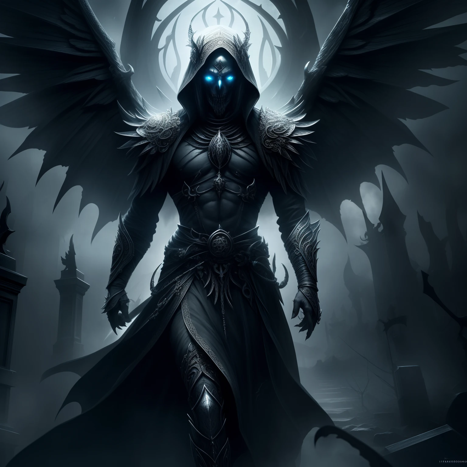 (very detailed 8k wallpaper), super realistic of a terrifying necromancer, intricate, high detail, dramatic, with wings