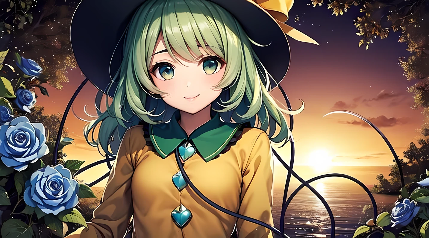 sunset, masterpiece, top quality, best quality, official art, beautiful and aesthetic,1girl, solo, komeiji koishi, hat, blue flower, blue rose, bow, long sleeves, flower, letterboxed, rose, looking at viewer, shirt, hat bow, smile, black headwear, yellow shirt, upper body, heart, short hair, frills, heart of string, ribbon, bangs, hat ribbon, extreme detailed,highest detailed, optical mixing, playful patterns, lively texture, unique visual effect,