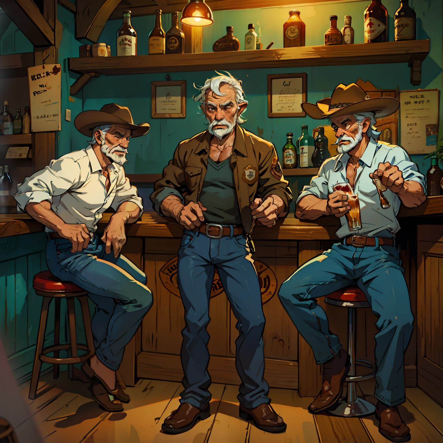 3 old men standing in a bar, tomando cerveja, usando chspeu de cowboy, estilo tex, desenho.