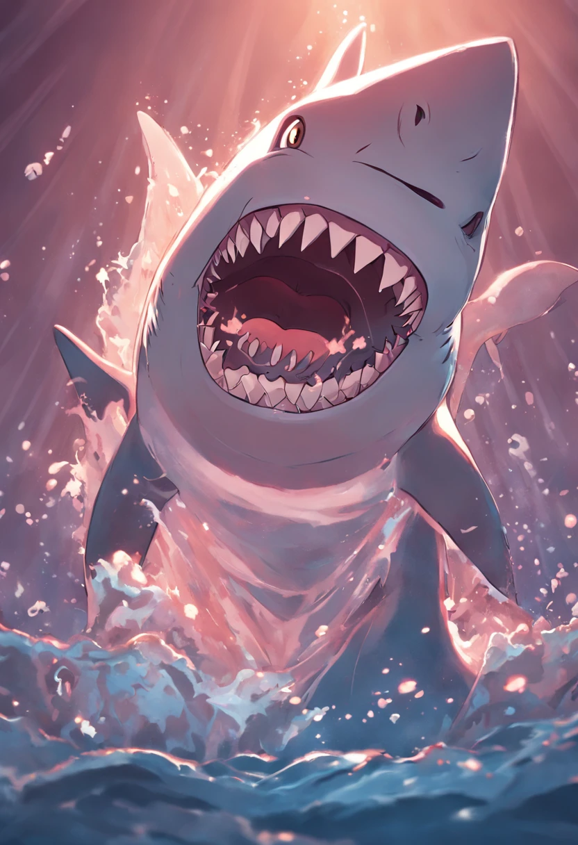 "Create a fun logo of a smiling shark brushing its sharp teeth, transmitindo um sentimento de simpatia e higiene."