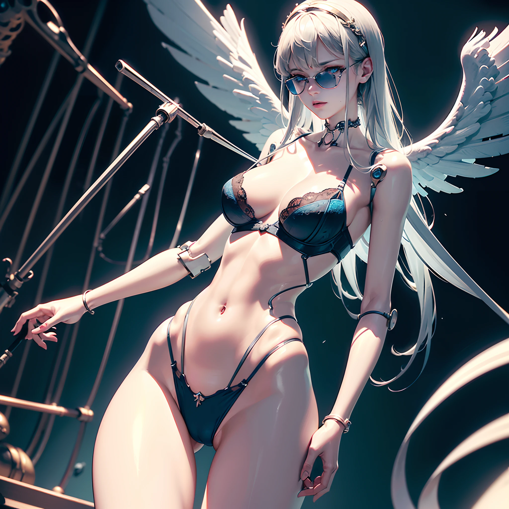 (masterpiece), (top-quality), masterpiece, (High Definition CG Illustration), ((extremely delicate and beautiful)), (Since a while ago), Cinematic Light, Beautiful but cruel, Erotic and grotesque mechanical girl wearing cyberpunk sunglasses, super realistic details, portlate, globalillumination, Shadow, ultra-sharp, Convoluted, ornaments detailed, cold color, metals, highly intricate detail, Realistic light, CGSoation Trends, radiant eyes, neon details, Mechanical limbs, blood vessels connected to tubes, Mechanical vertebrae attached to the back, mechanical cervial attaching to the neck, Wires and cables connecting to the head, slightly larger breasts, Slightly larger buttocks, ((lamentation)), ((Angel wings)), (Emphasis on mechanical skeleton,Emphasis on mechanical interiors,Put a little emphasis on mechanical bones), clear light blue eyes, Realistic physical breasts, Soft breasts, Light blue mechanic, Red Eyes, (Silk Lingerie:1.5)