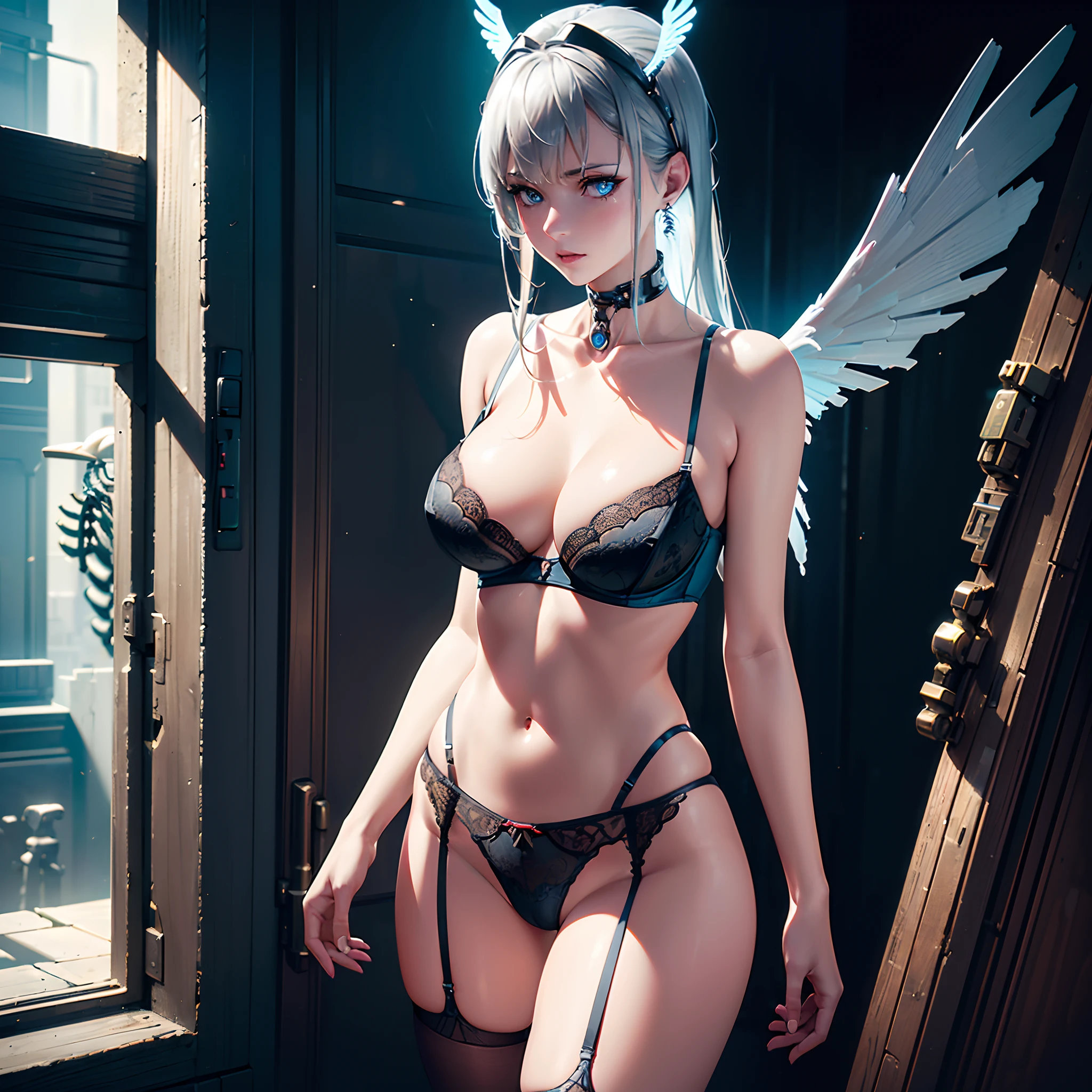 (masterpiece), (top-quality), masterpiece, (High Definition CG Illustration), ((extremely delicate and beautiful)), (Since a while ago), Cinematic Light, Beautiful but cruel, Erotic and grotesque mechanical girl wearing cyberpunk sunglasses, super realistic details, portlate, globalillumination, Shadow, ultra-sharp, Convoluted, ornaments detailed, cold color, metals, highly intricate detail, Realistic light, CGSoation Trends, radiant eyes, neon details, Mechanical limbs, blood vessels connected to tubes, Mechanical vertebrae attached to the back, mechanical cervial attaching to the neck, Wires and cables connecting to the head, slightly larger breasts, Slightly larger buttocks, ((lamentation)), ((Angel wings)), (Emphasis on mechanical skeleton,Emphasis on mechanical interiors,Put a little emphasis on mechanical bones), clear light blue eyes, Realistic physical breasts, Soft breasts, Light blue mechanic, Red Eyes, (Silk Lingerie:1.5)