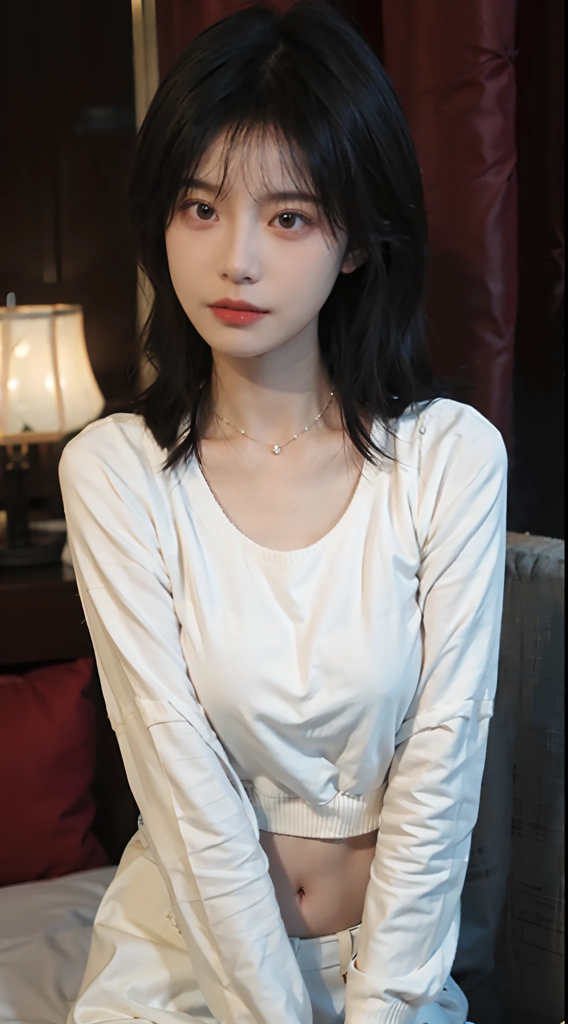 best qualtiy， 超高分辨率， （realisticlying：1.4），Baoyu Girl，1girll, with long coiled hair，Looking into the distance，nedium breasts，Cropped red sweater，a sense of atmosphere，Beautiful woman with a slim figure:1.4, Abs，Ultra-fine face，Elaborate Eyes，二重まぶた，choker necklace