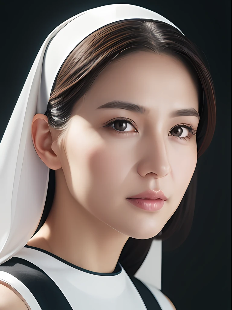 Super realistic,  Detailed portrait of the whole body, Female in her 30s, White skin, Delicate features, Soft smile, Compassionate eyes, Wearing a nun koif. Albert Anker, Greg Rutkowski, ArtGerm, wlop, pixiv, luminism, 3d rendered, Octane Render, isometric, awesome full color, Very detailed, Very precise, handdraw, 8K, mix of bold dark lines and loose lines, On paper, facing directly at the viewer positioned so that their body is symmetrical and balanced, Delicate and ultra-realistic character expression,