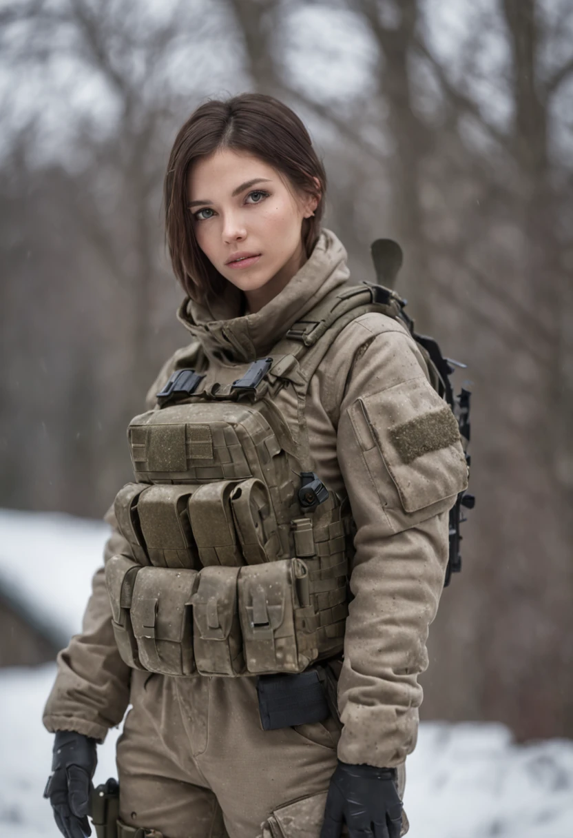 (photorealistic), beautiful lighting, best quality, realistic, full body portrait, real picture, intricate details, depth of field, 1girl, in a cold snowstorm, A very muscular solider girl with haircut, wearing winter camo military fatigues, camo plate carrier rig, combat gloves, (magazin pouches), (kneepads), highly-detailed, perfect face, blue eyes, lips, wide hips, small waist, tall, make up, tacticool, Fujifilm XT3, outdoors, bright day, Beautiful lighting, RAW photo, 8k uhd, film grain, ((bokeh))