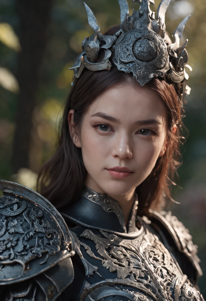 a highly detailed anime portrait of a woman warrior with intricate black plate armor, highly detailed, f/1.8 lens, Sony, ISO 100, 70mm, blue clipping light, boker, mysterious dark nature background, high resolution, 4k, 8k, 16k, Prophoto RGB, by fabio melo photo, intricate details, highly detailed, HDR, perfect composition, beautiful detailed intricate insanely detailed octane render trending on artstation, 8 k artistic photography, photorealistic concept art, soft natural volumetric cinematic perfect light, chiaroscuro, award - winning photograph, masterpiece, oil on canvas, raphael, caravaggio, greg rutkowski, beeple, beksinski, giger