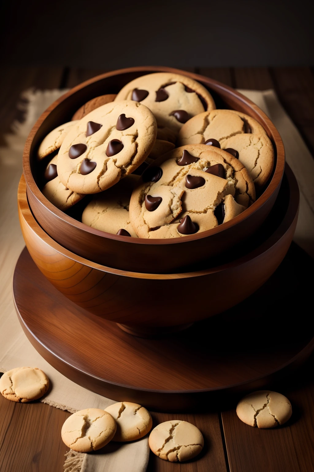 a wooden bowl filled with delicius cookies on top of a table, a still life by Jean-Pierre Norblin de La Gourdaine, featured on cg society, art photography, photo taken with ektachrome, photo taken with nikon d750, macro photography