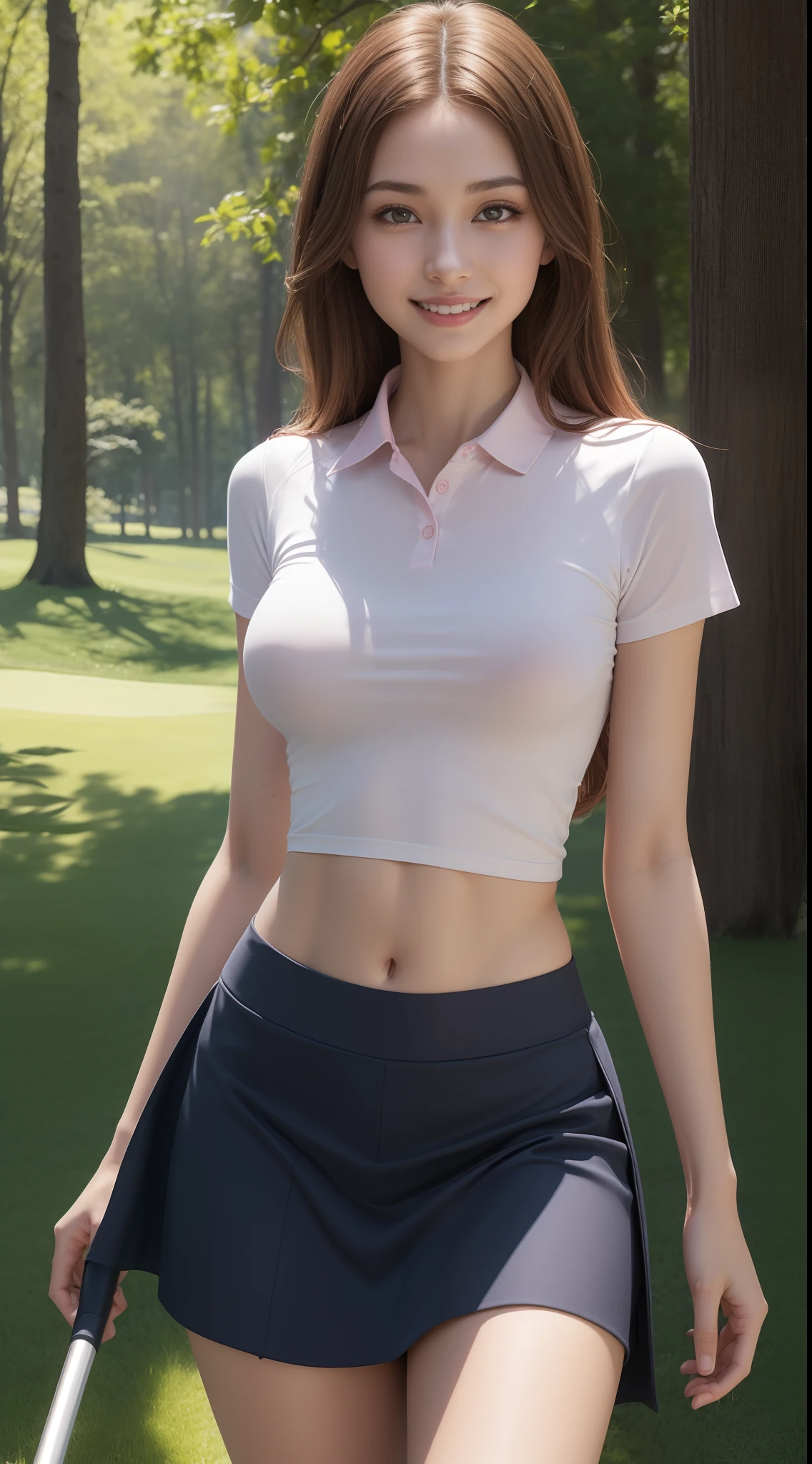 8k, masterpiece, RAW photo, best quality, photorealistic, extremely detailed CG unity 8k wallpaper, Depth of field, Cinematic Light, Lens Flare, Ray tracing, (extremely beautiful face, beautiful lips, beautiful eyes), intricate detail face, ((ultra detailed skin)) 1girl, in the dark, deep shadow, pretty girl, (very slim slender fit-muscled body:1.3), ((looking at viewer)),(big smile:1.3), clear eyes, walking , front shot, (pale skin), (big eyes), face forward, (upper body shot), (brown hairs), open navel, (looking at viewer:1.3), very slim, medium breasts, thick thighs, see through, wet, tight shirts, pink color shirts, golf uniforms, pink shirts, golf course, landscape, blue sky, lake, sunshine, skirt
