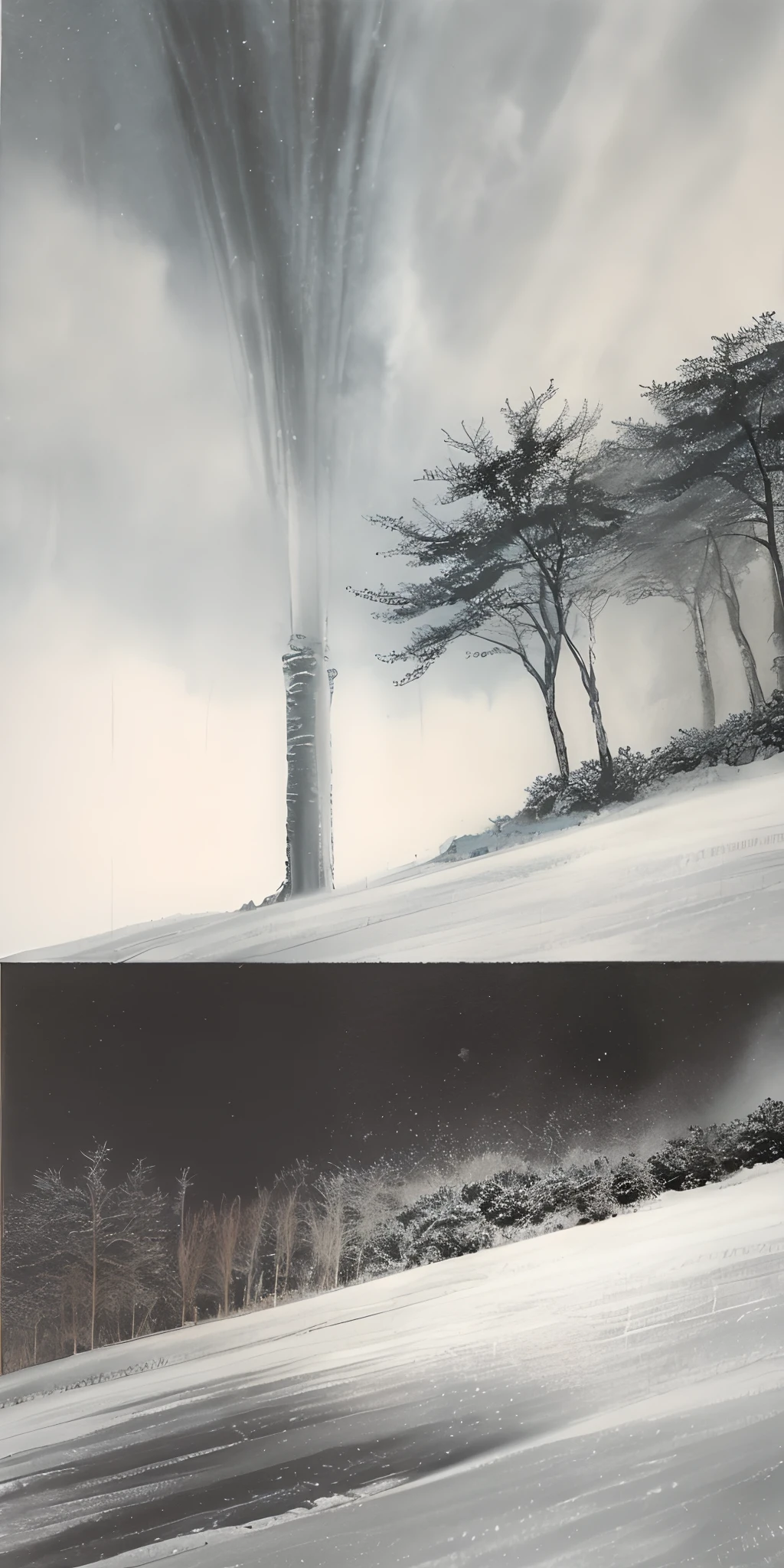 Paint a winter scene with ice falling at night