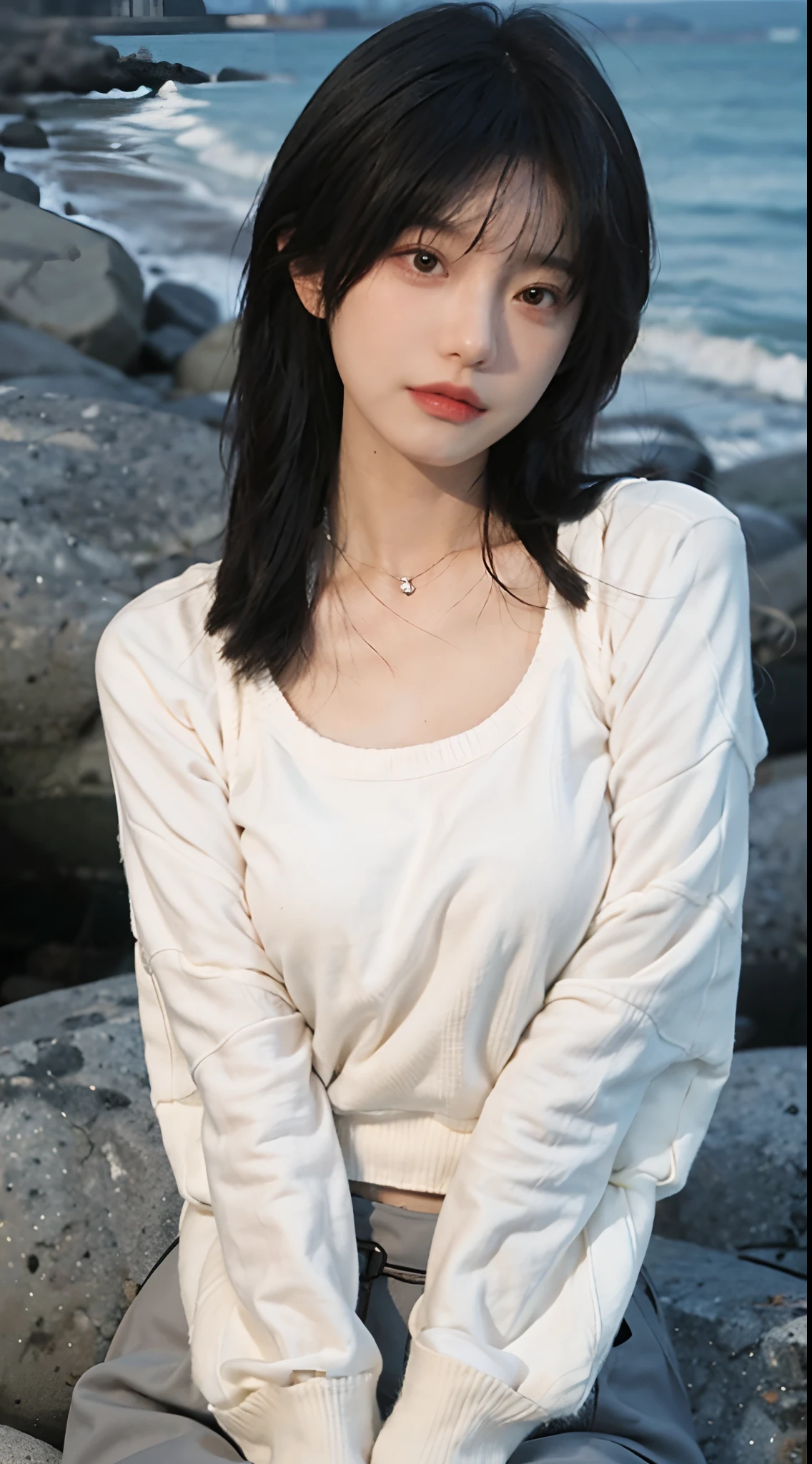 best qualtiy， 超高分辨率， （realisticlying：1.4），cute hairpin，1girll，Air bangs，with long coiled hair,Quartered sweater ，Blushlush，Beautiful woman with a slim figure:1.4, Pronounced abs，On the sandy beach,Ultra-fine face，Elaborate Eyes，二重まぶた，choker necklace