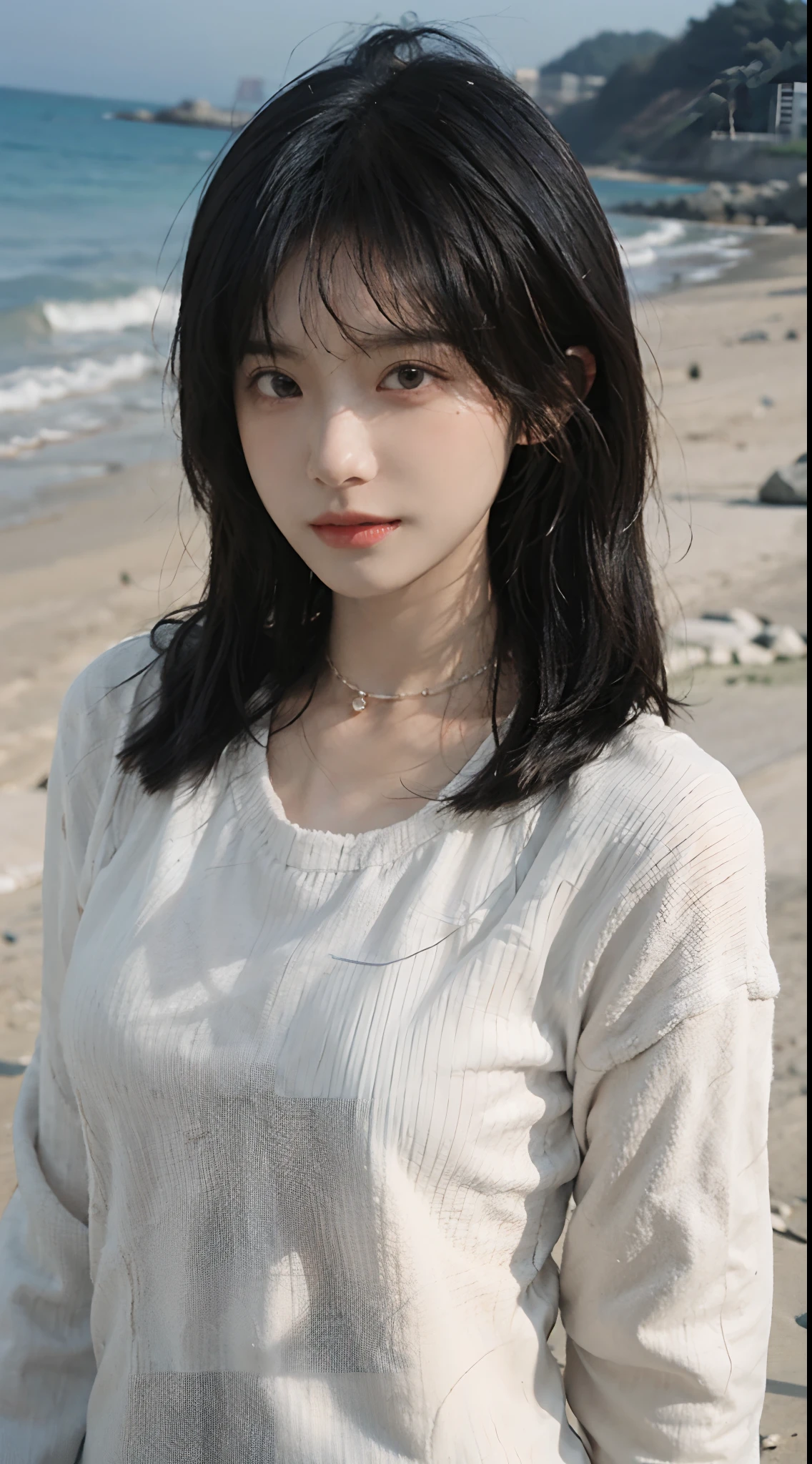 best qualtiy, 超高分辨率, (realisticlying:1.4),cute hairpin,1girll,Air bangs,with long coiled hair,Quartered sweater ,Blushlush,Beautiful woman with a slim figure:1.4, Pronounced abs,On the sandy beach,Ultra-fine face,Elaborate Eyes,二重まぶた,choker necklace